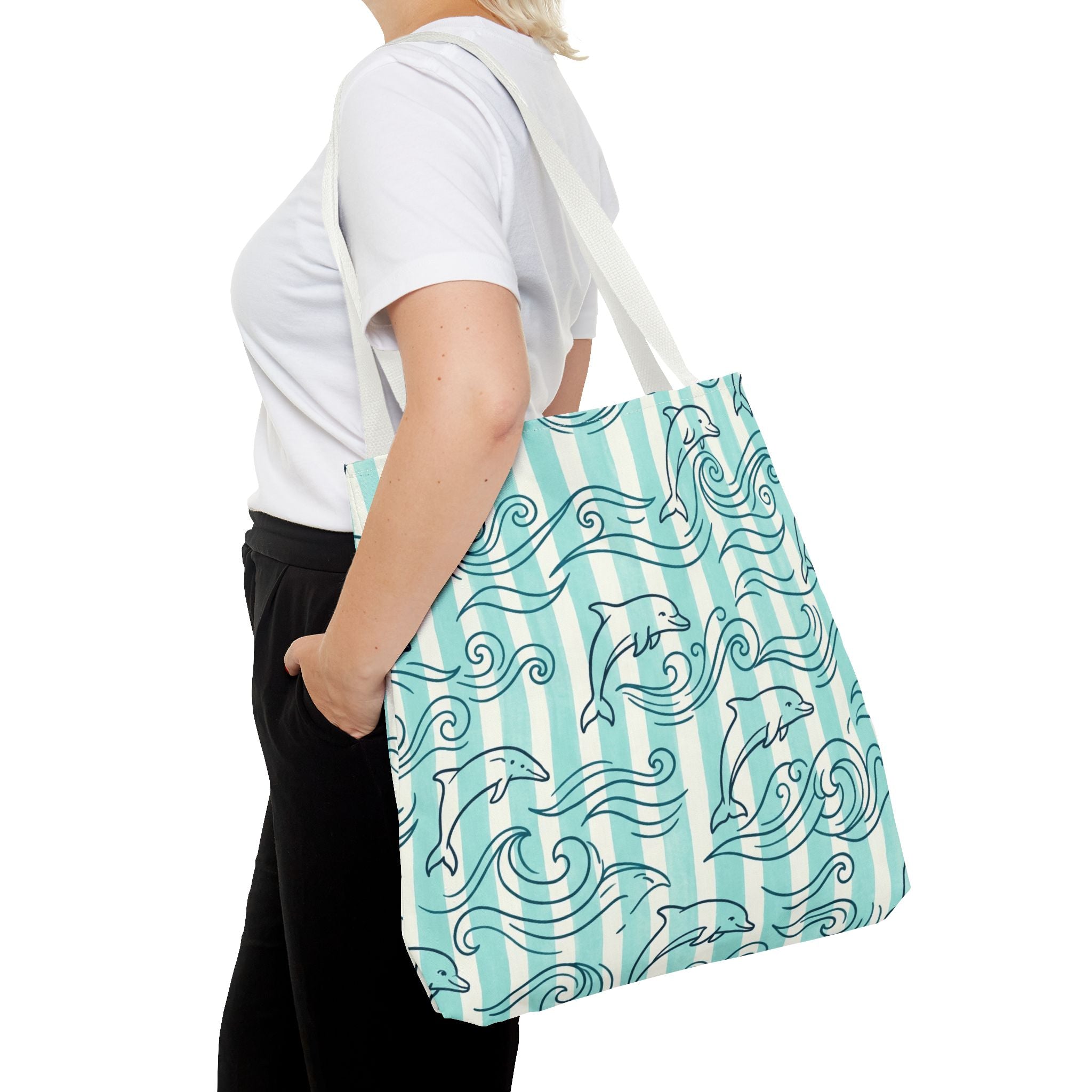 Dolphin Wave Pattern Tote Bag | Aqua Striped Ocean Design