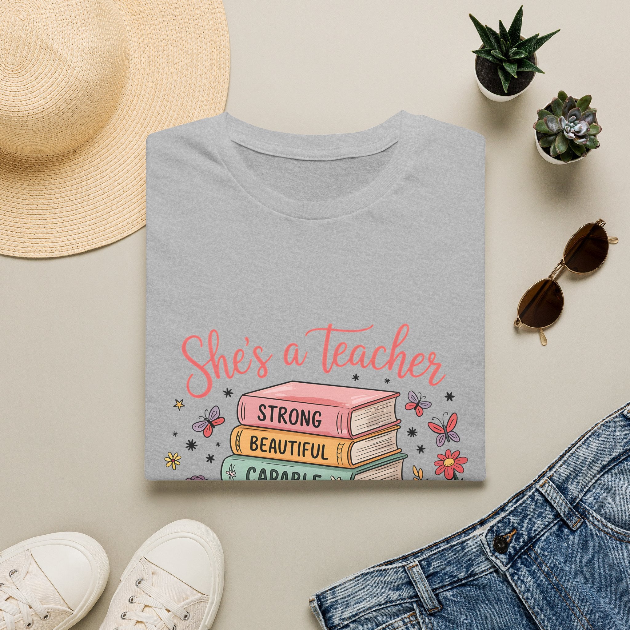 She's a Teacher stack of books floral design T-Shirt | teacher appreciation, inspirational quote