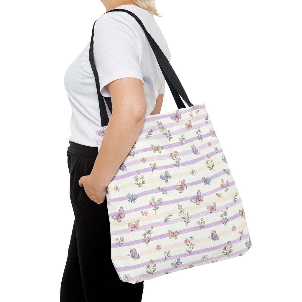 Pastel Butterfly Floral Stripe Tote
