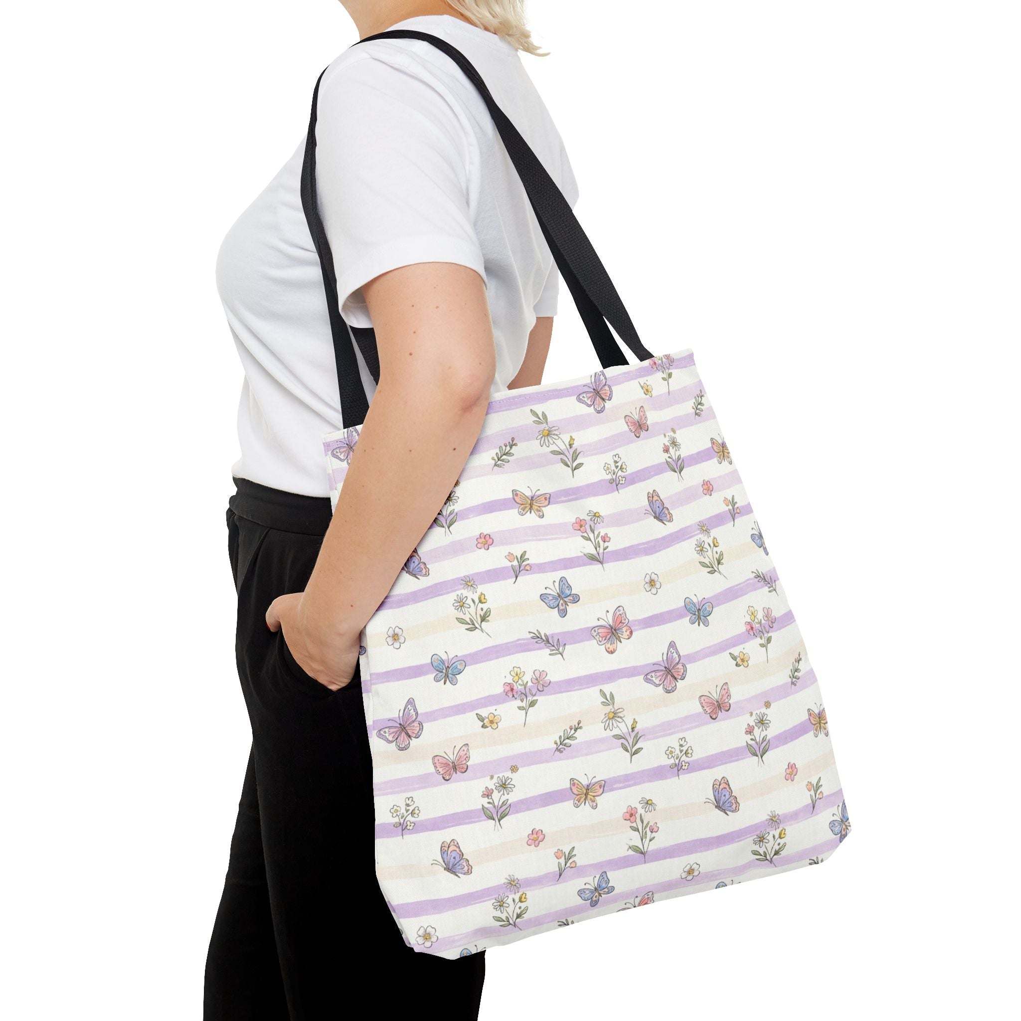 Pastel Butterfly Floral Stripe Tote
