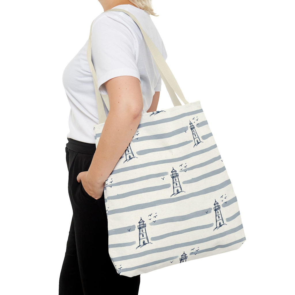 Nautical Lighthouse Pattern Tote Bag | Striped Coastal Beach Tote