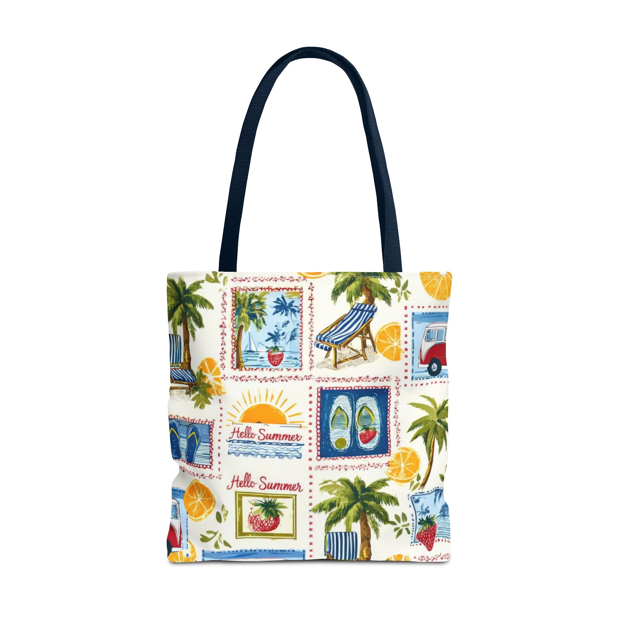 Hello Summer collage Tote Bag | beach palm trees flip flops camper van