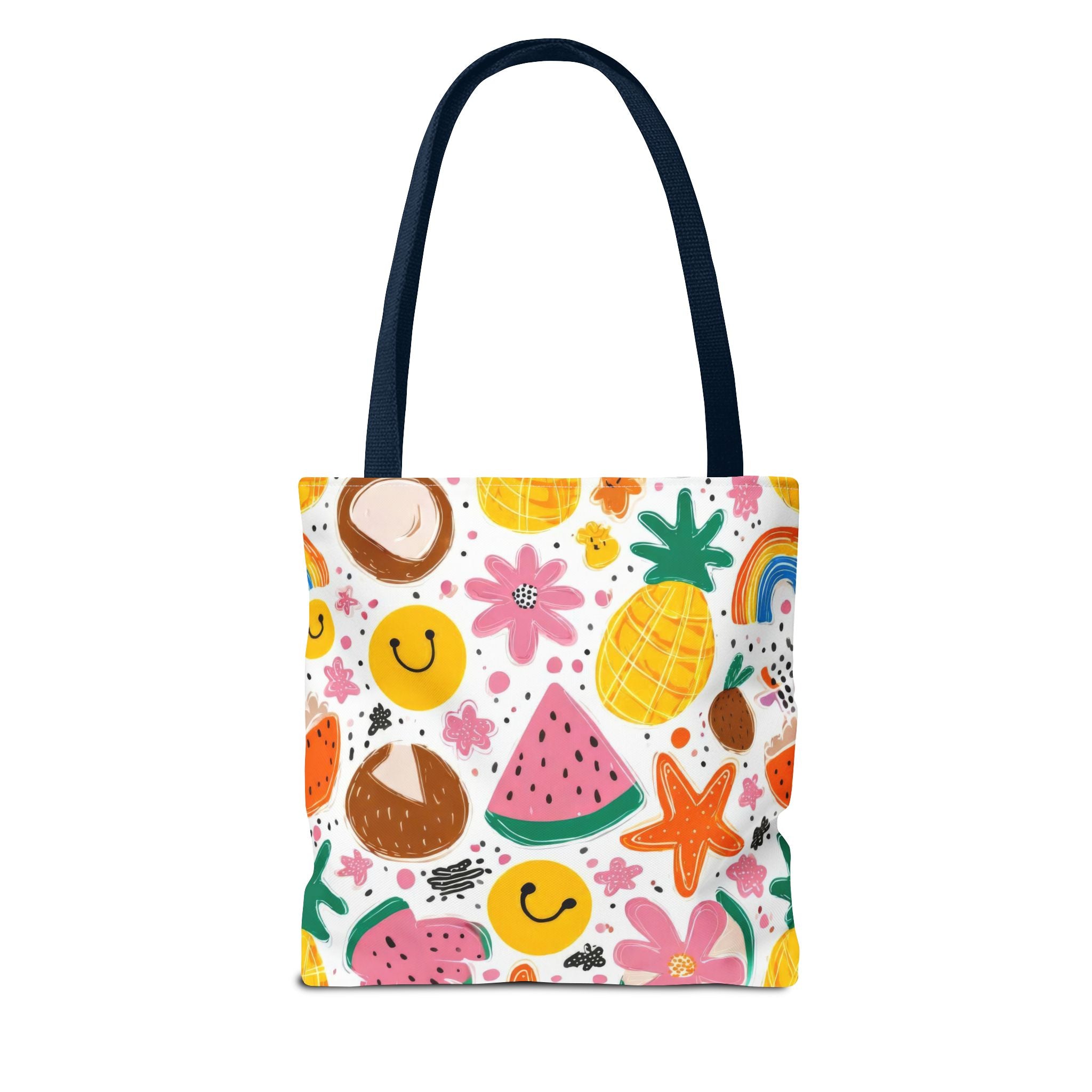 Tropical Fruit Pattern Tote Bag | Pineapple Watermelon Coconut Smiley