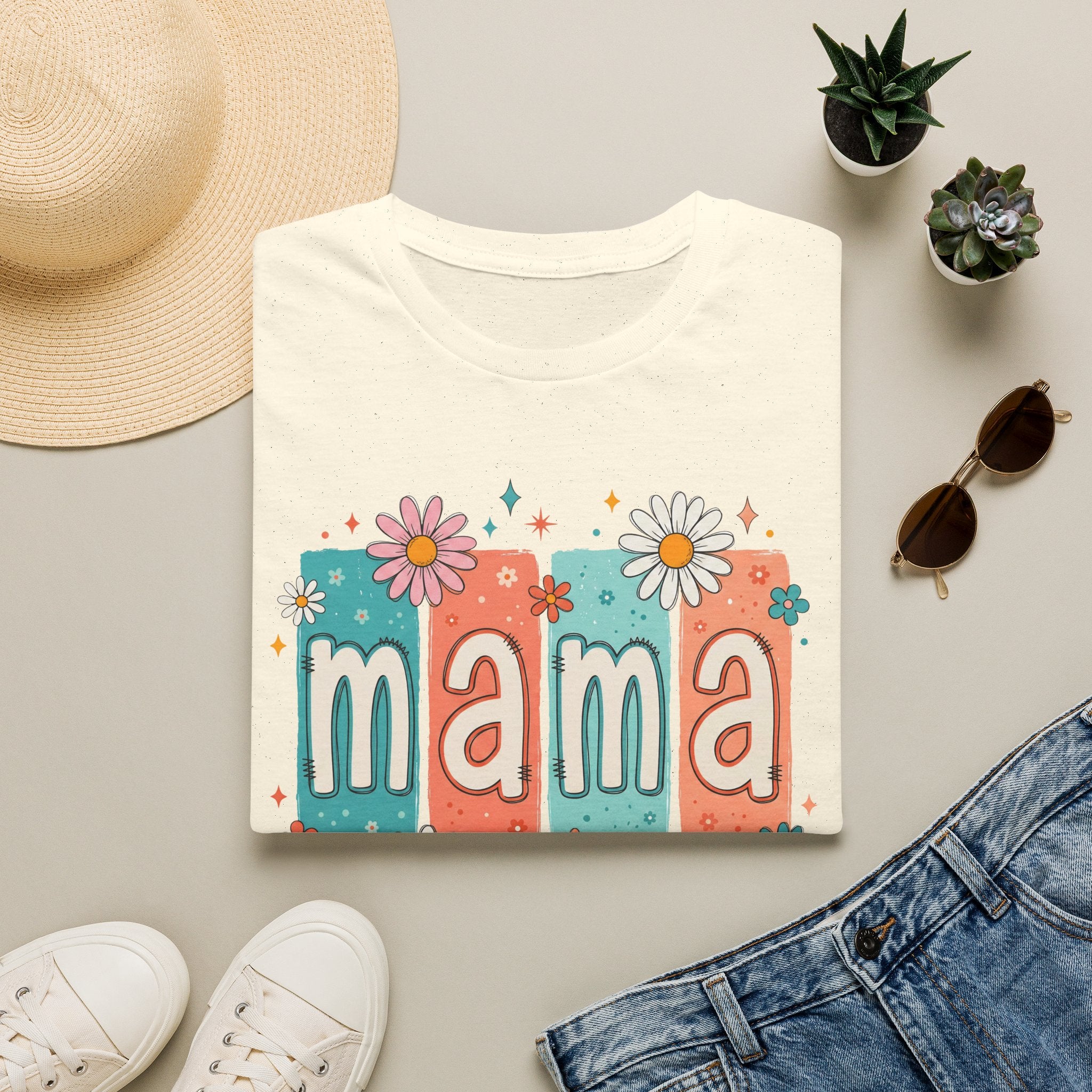 Mama floral retro blocks T-Shirt | daisy mom design
