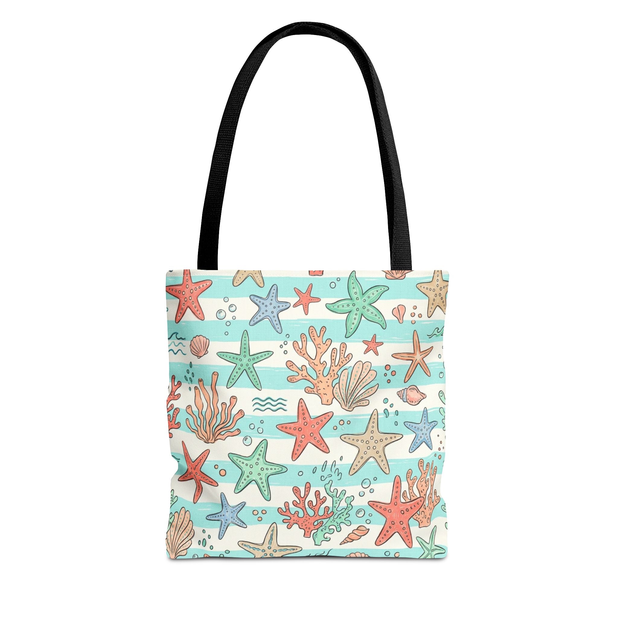 Starfish Coral Pattern Tote Bag | Beach Sea Life Striped Nautical Design