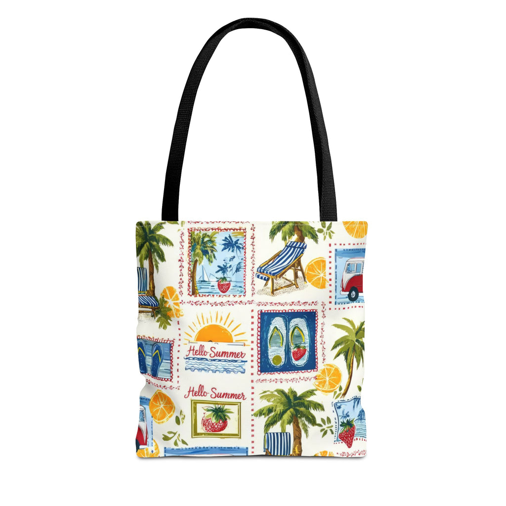 Hello Summer collage Tote Bag | beach palm trees flip flops camper van