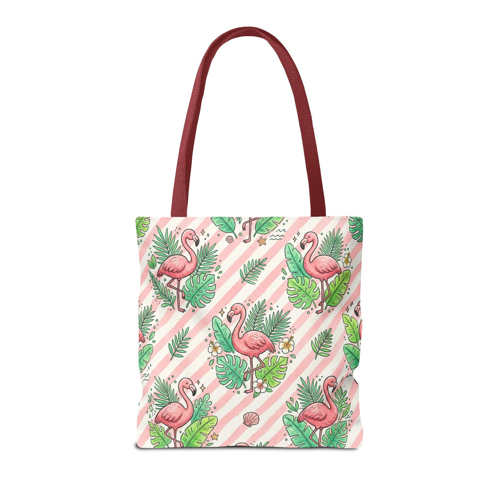 Pink Flamingo Pattern Tote Bag | Tropical Leaves Striped All-Over Print
