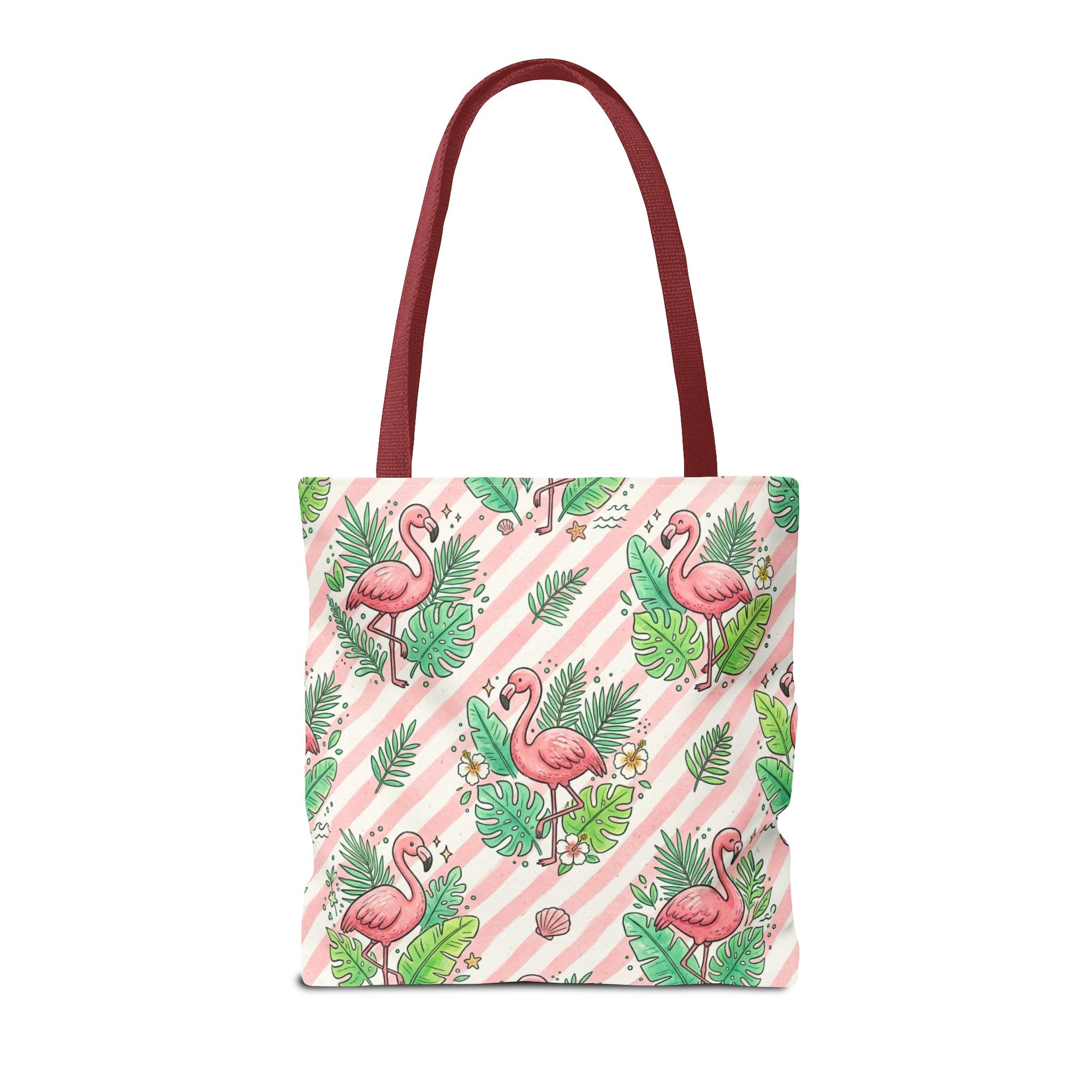 Pink Flamingo Pattern Tote Bag | Tropical Leaves Striped All-Over Print