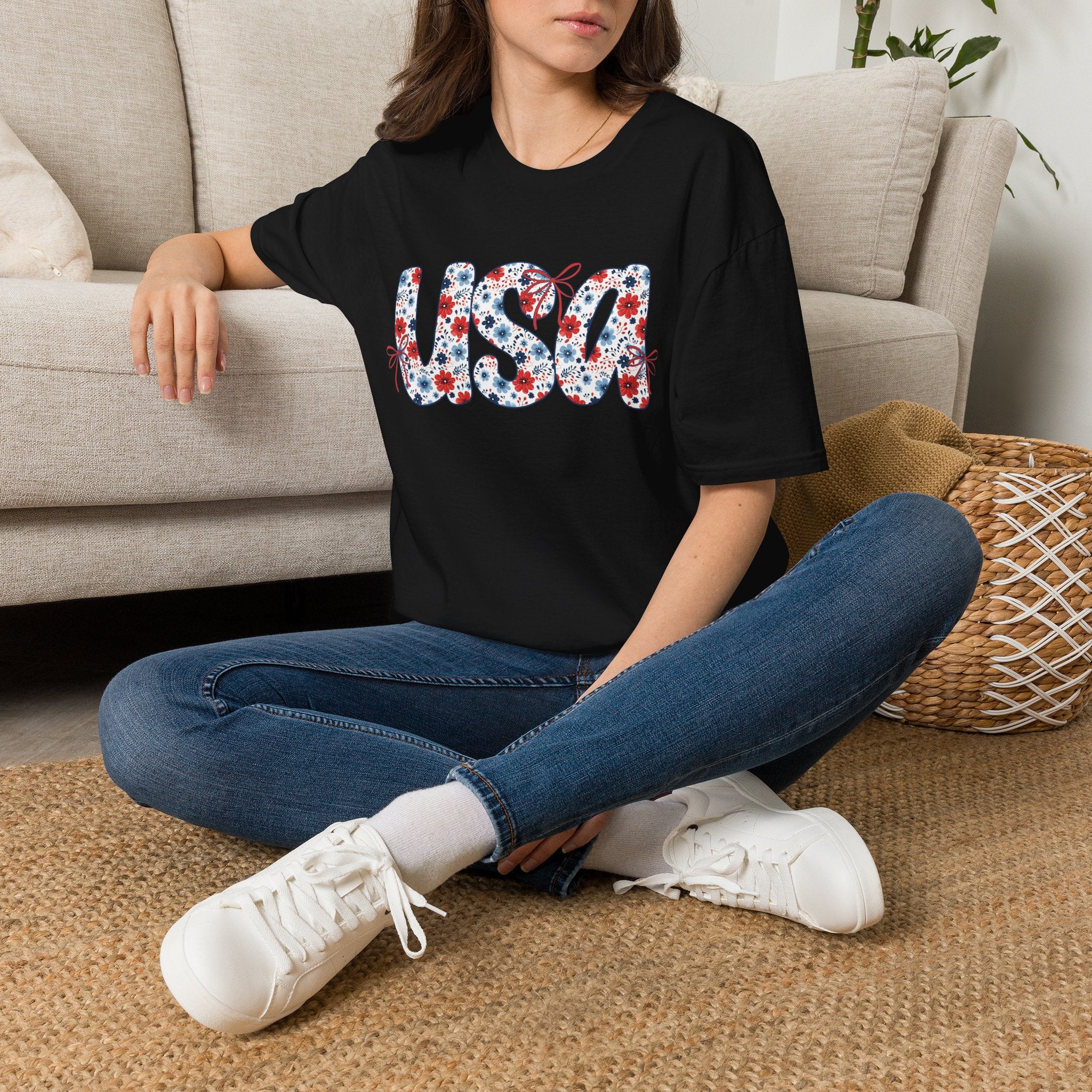 USA floral letters T-Shirt | Patriotic 4th of July design