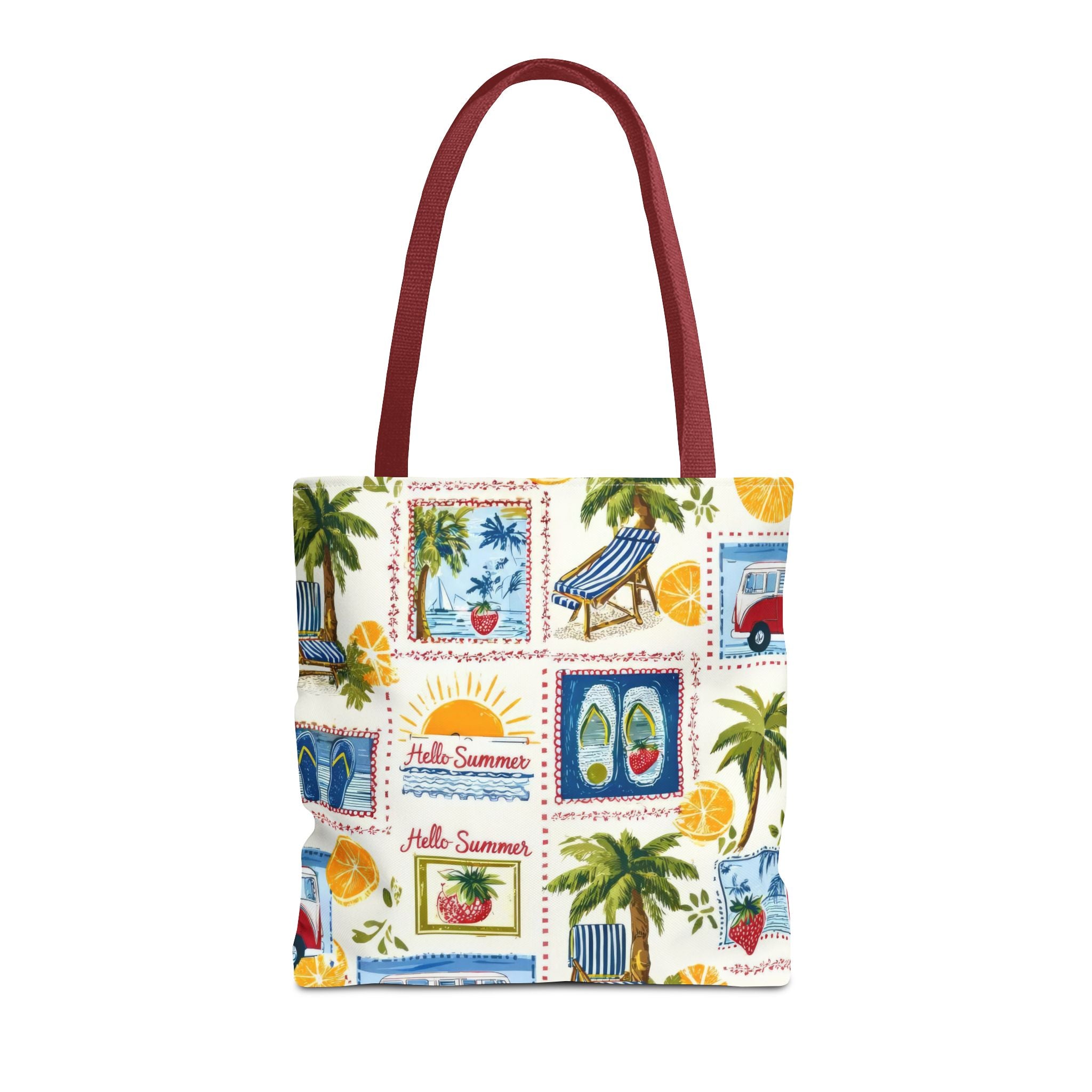 Hello Summer collage Tote Bag | beach palm trees flip flops camper van