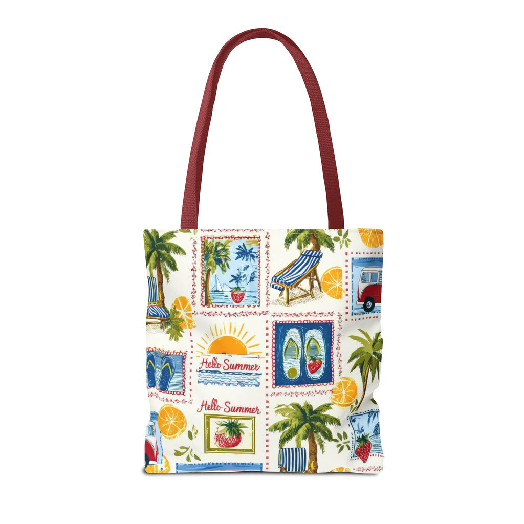 Hello Summer collage Tote Bag | beach palm trees flip flops camper van
