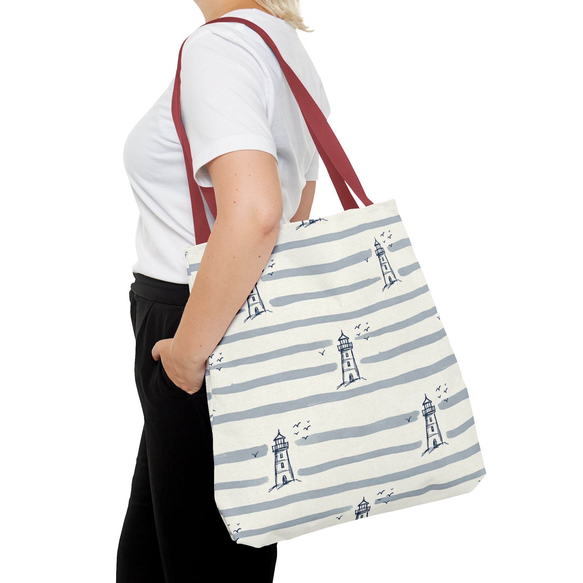 Nautical Lighthouse Pattern Tote Bag | Striped Coastal Beach Tote