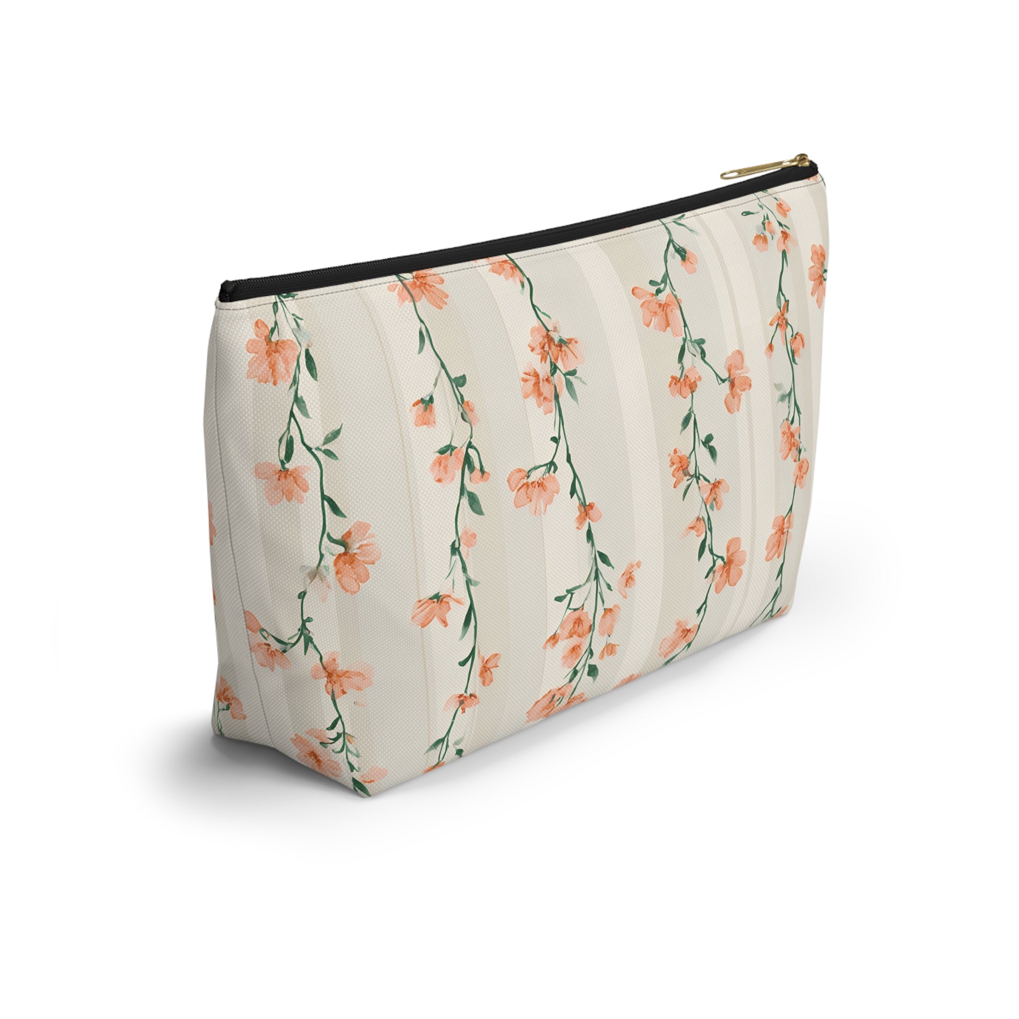 Peach Floral Vines Accessory Pouch | T-Bottom Makeup Bag