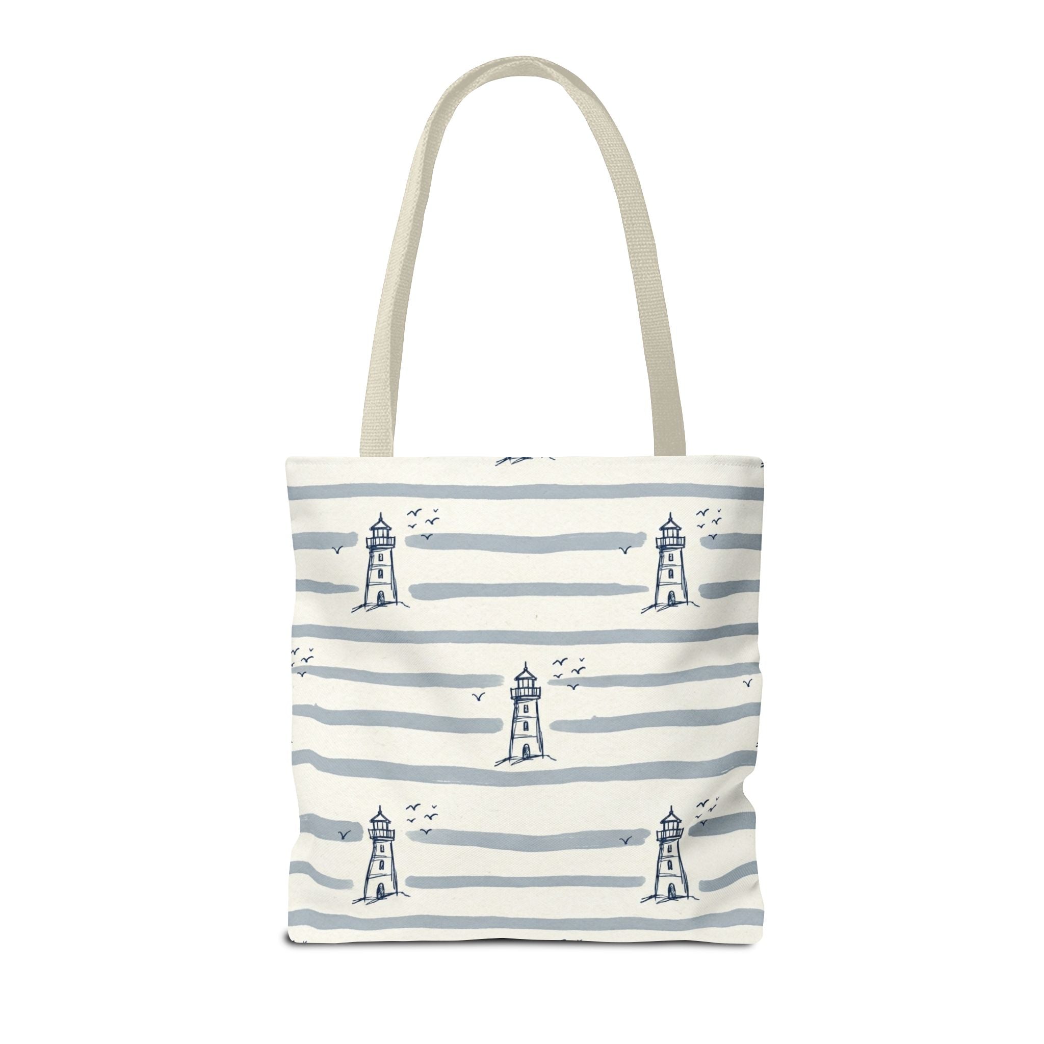 Nautical Lighthouse Pattern Tote Bag | Striped Coastal Beach Tote