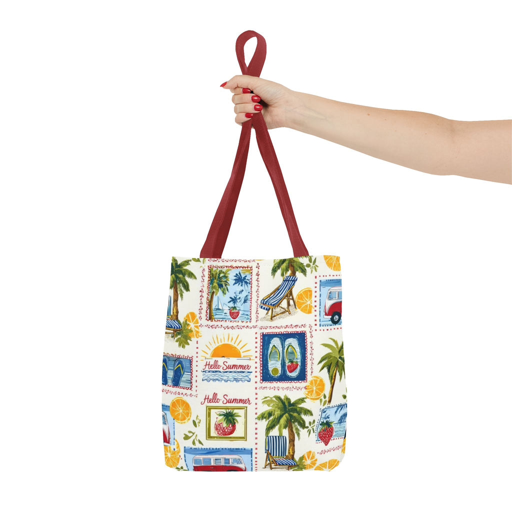 Hello Summer collage Tote Bag | beach palm trees flip flops camper van