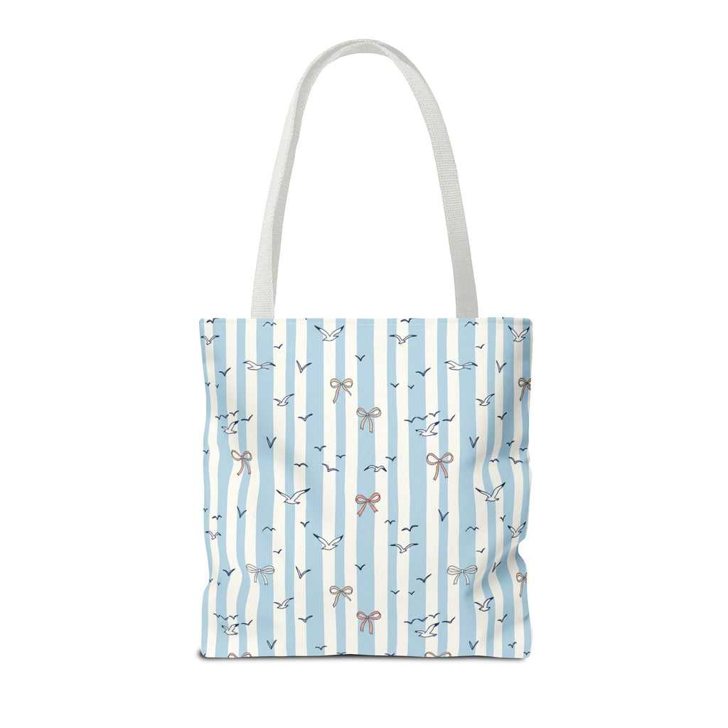 Blue Striped Bows and Birds Tote Bag