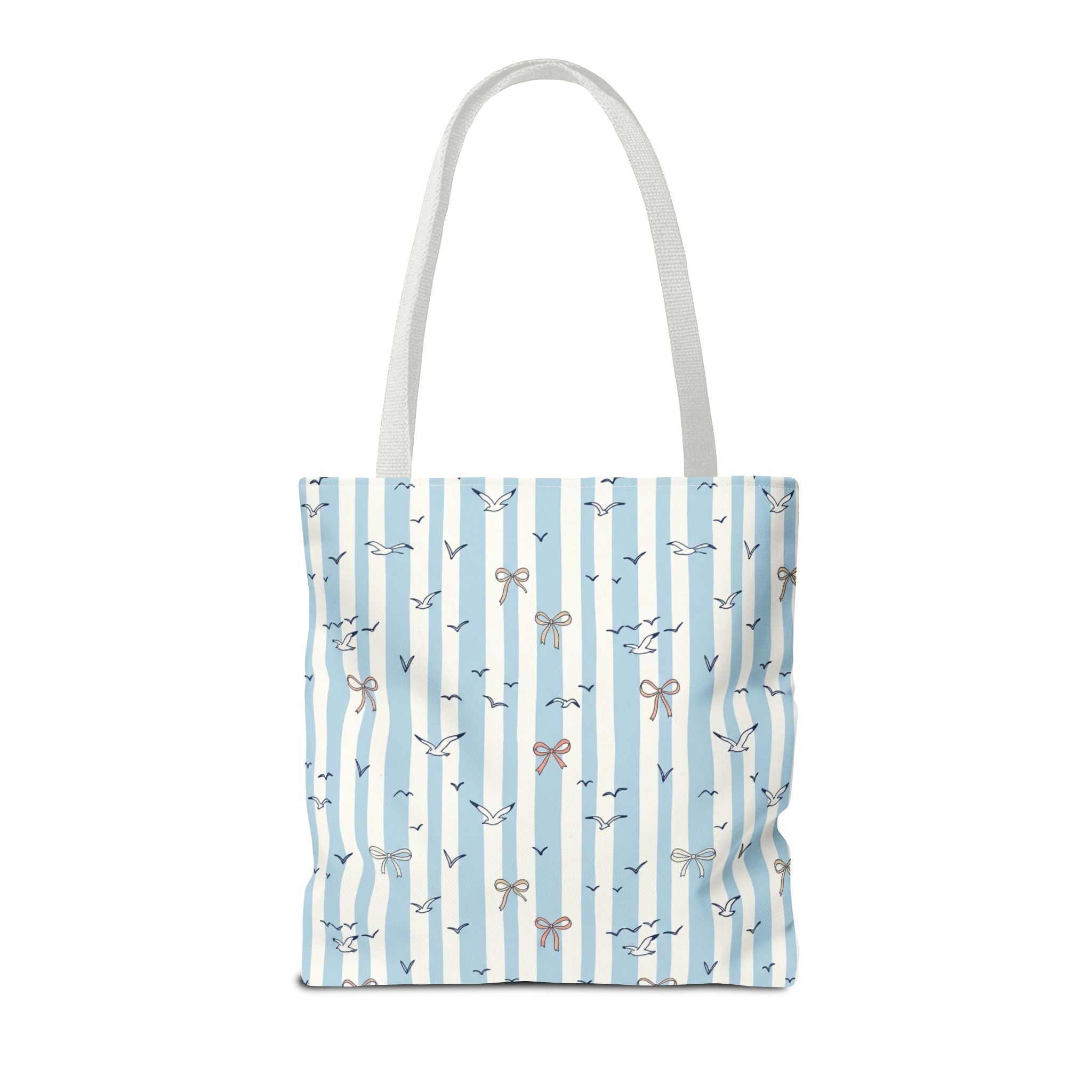 Blue Striped Bows and Birds Tote Bag