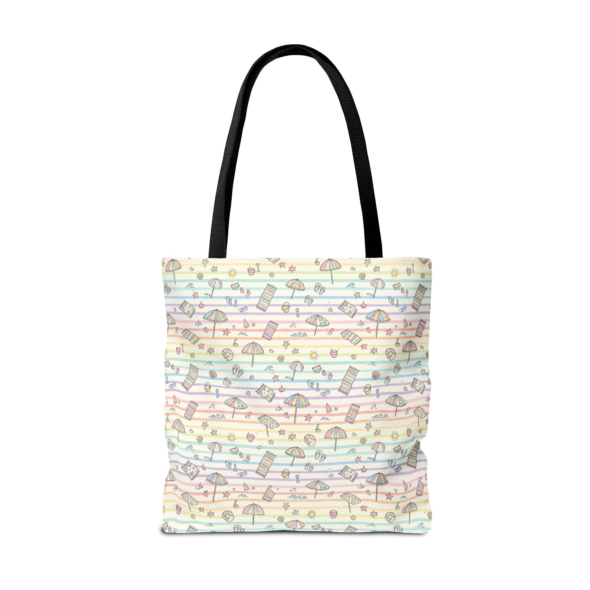 Pastel Beach Pattern Tote Bag | Seashells, Umbrellas, Flip Flops