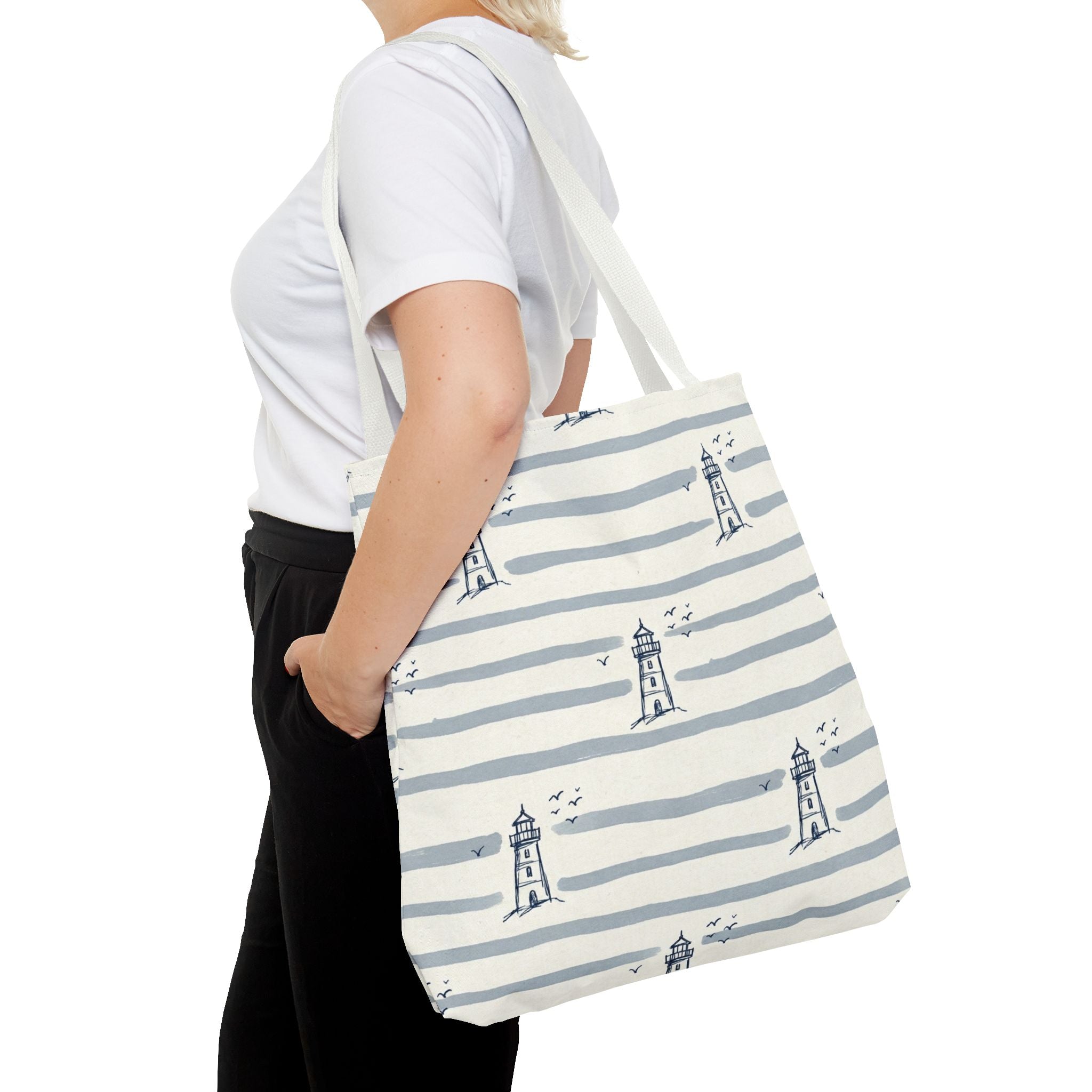 Nautical Lighthouse Pattern Tote Bag | Striped Coastal Beach Tote