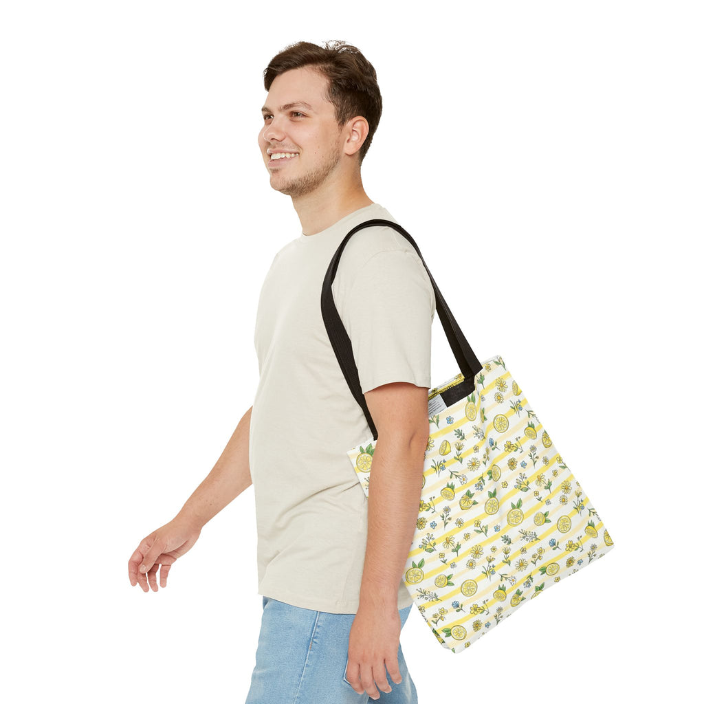 Lemon Stripe Pattern Tote Bag | Citrus Floral All-Over Print