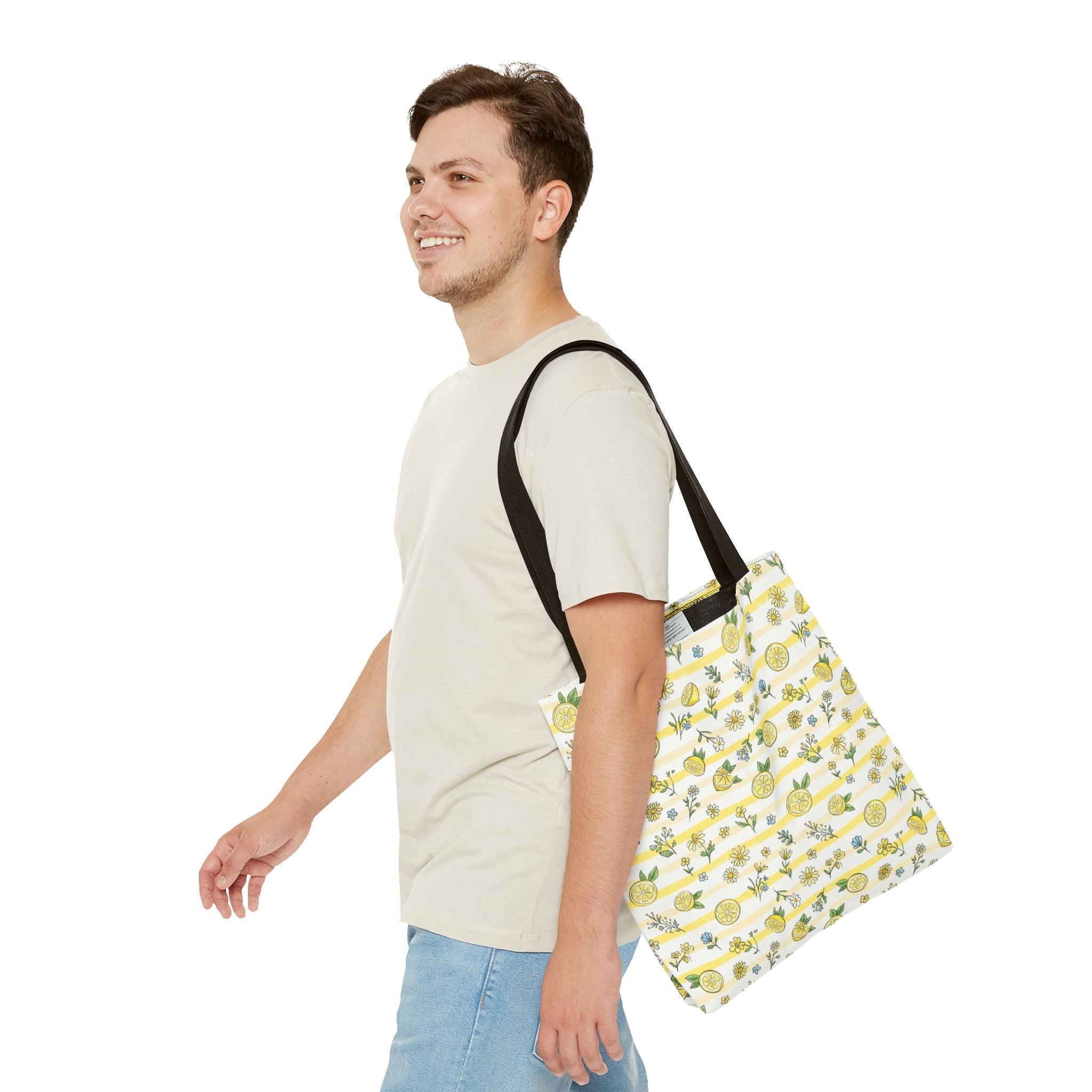 Lemon Stripe Pattern Tote Bag | Citrus Floral All-Over Print