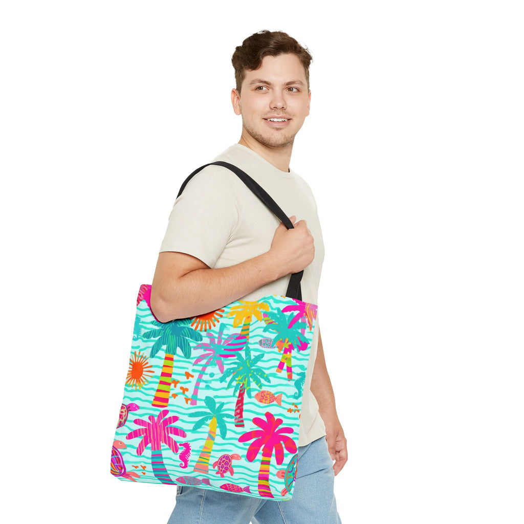 Tropical Palm Pattern Tote Bag | Colorful Beach Palms Stripe All-Over Print