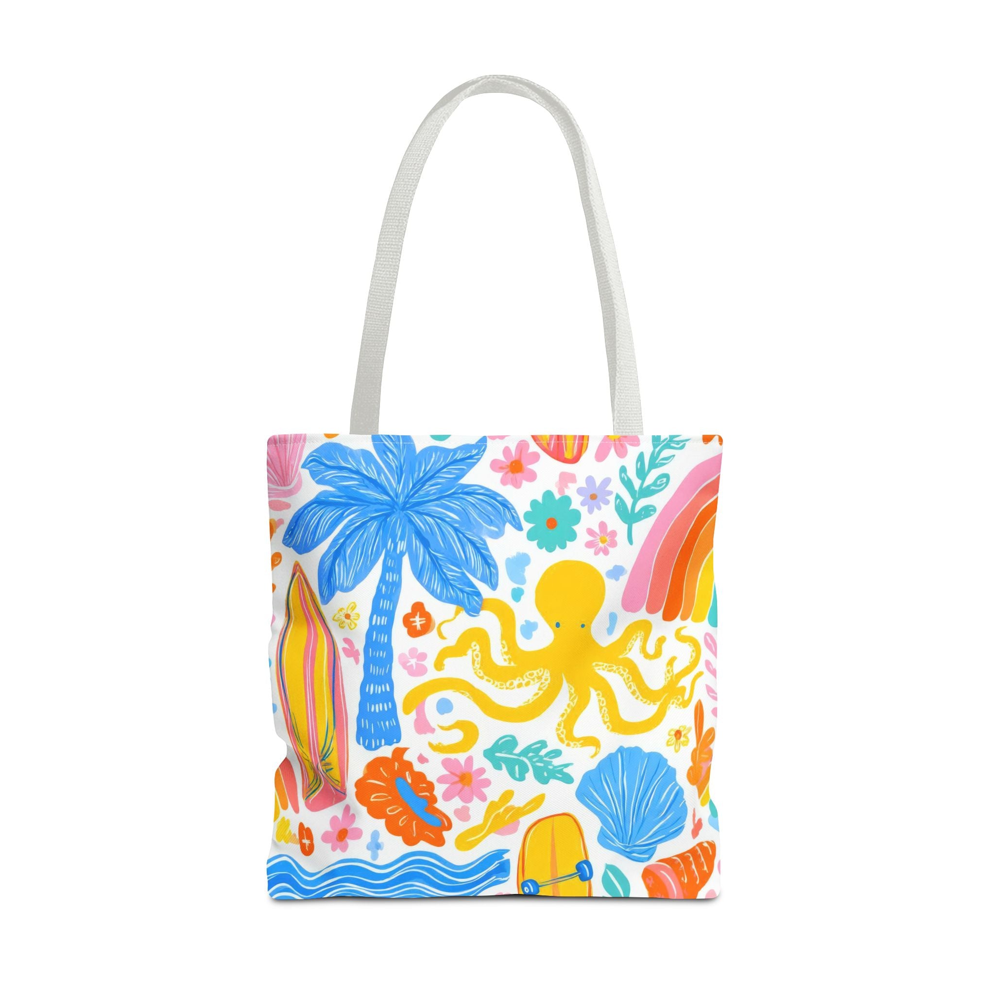 Colorful Beach Octopus Tote Bag | Tropical Palm, Surfboard, Rainbow Print