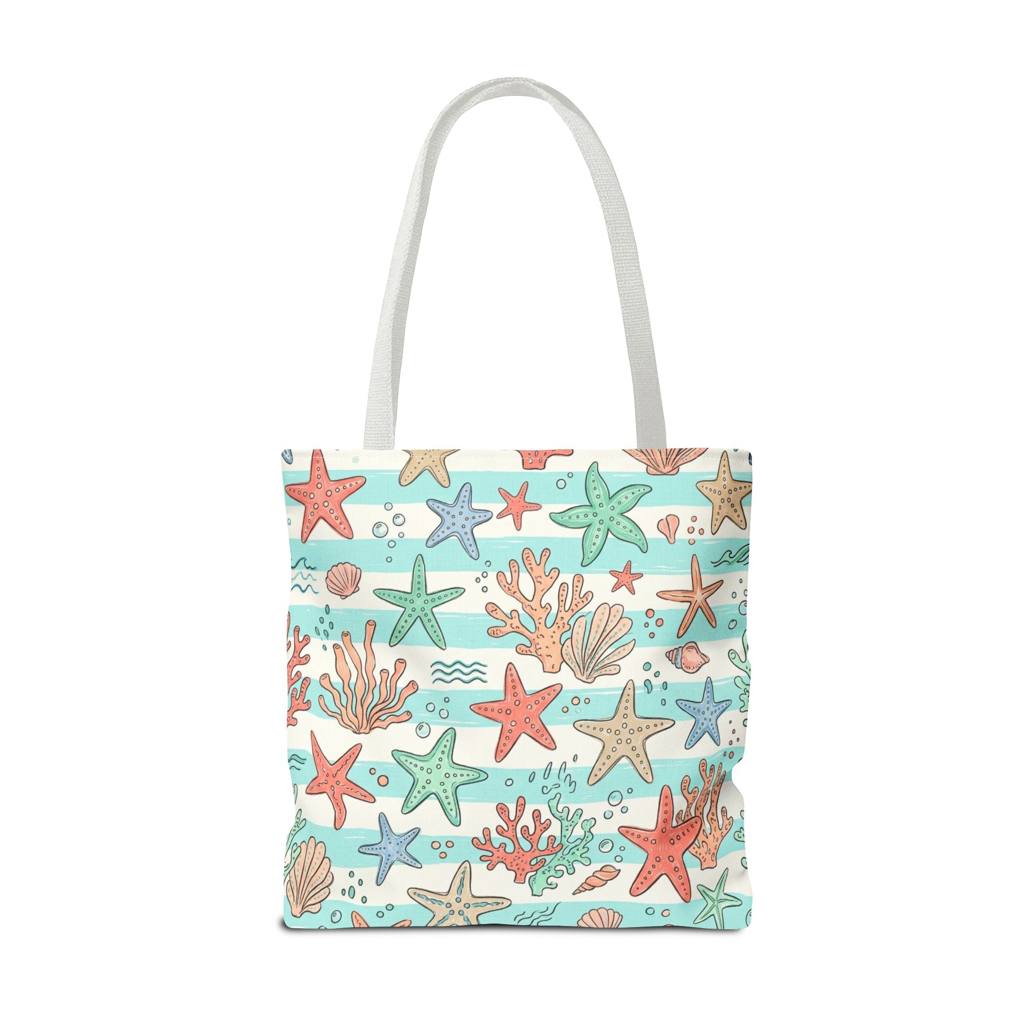 Starfish Coral Pattern Tote Bag | Beach Sea Life Striped Nautical Design