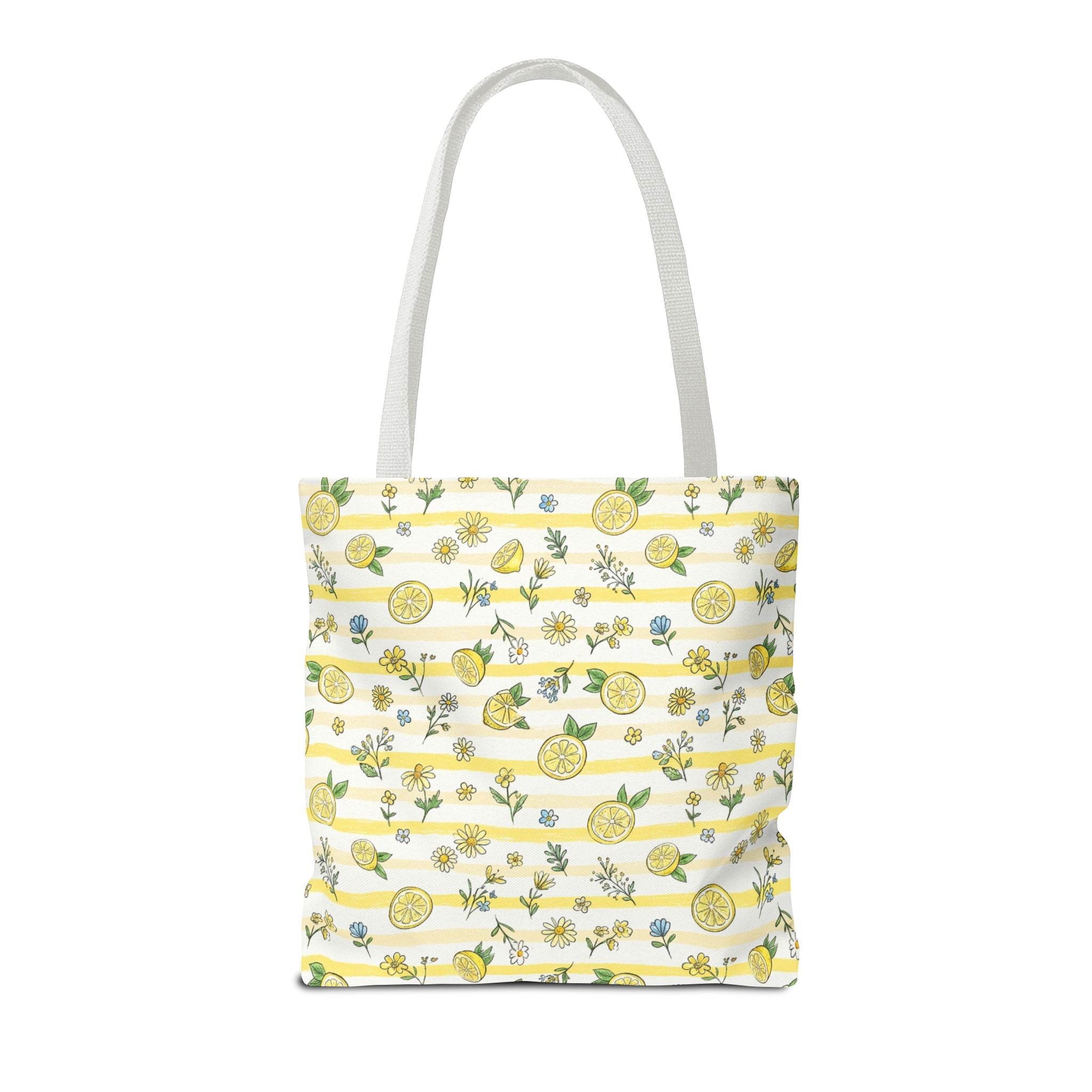 Lemon Stripe Pattern Tote Bag | Citrus Floral All-Over Print