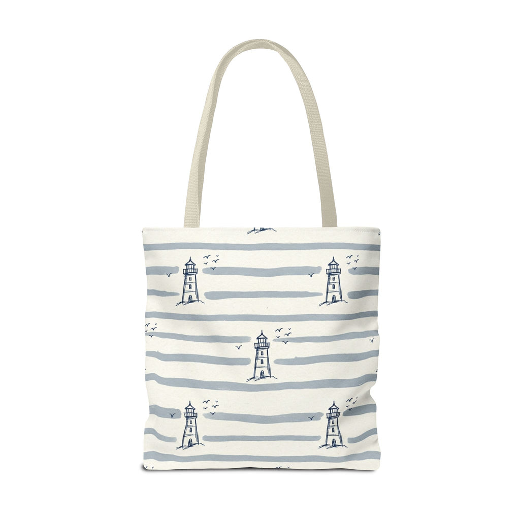 Nautical Lighthouse Pattern Tote Bag | Striped Coastal Beach Tote