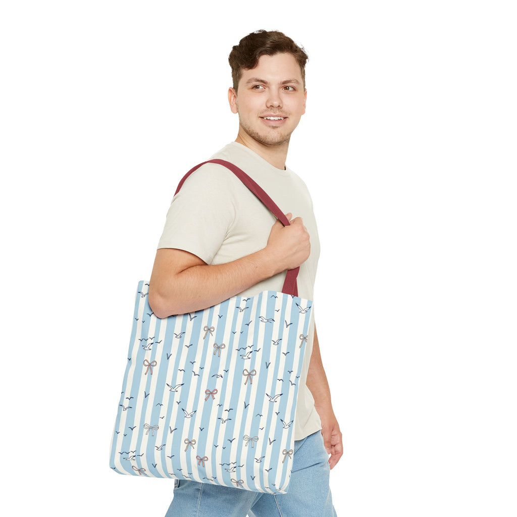 Blue Striped Bows and Birds Tote Bag
