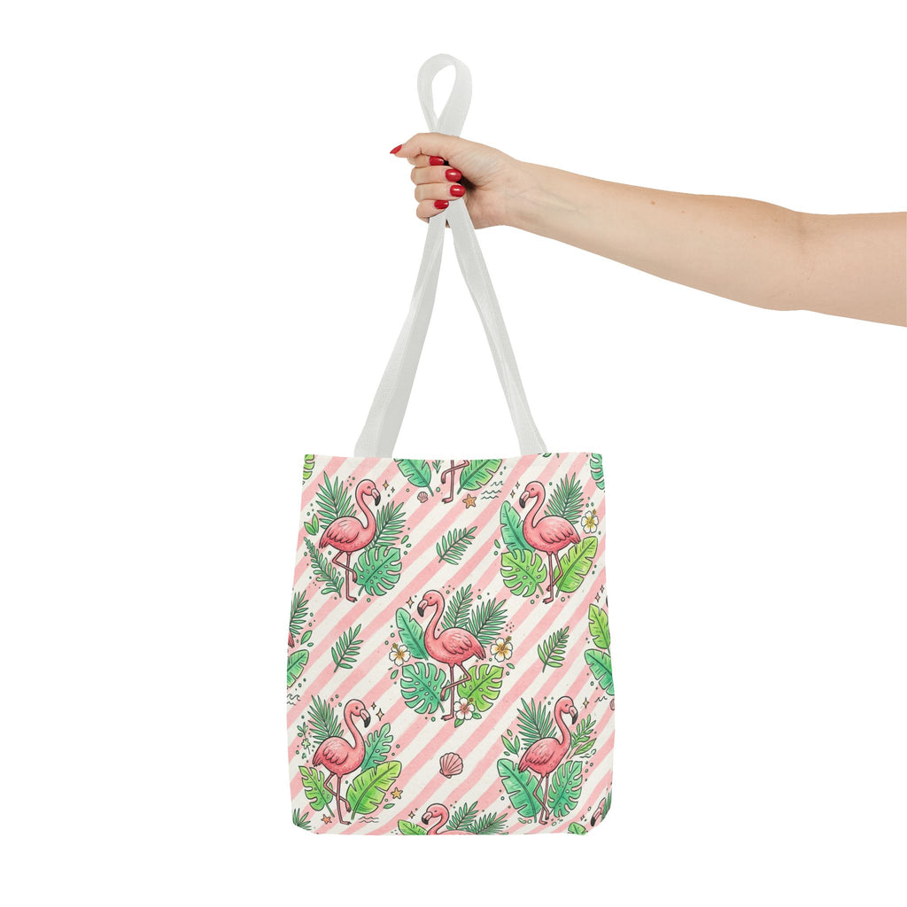 Pink Flamingo Pattern Tote Bag | Tropical Leaves Striped All-Over Print