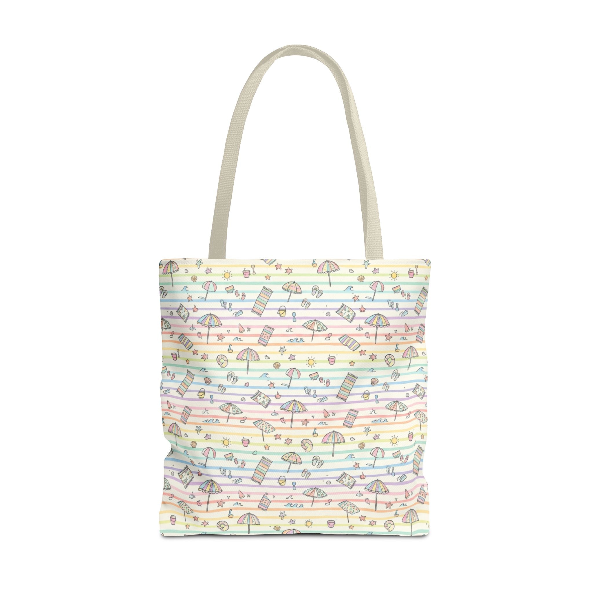 Pastel Beach Pattern Tote Bag | Seashells, Umbrellas, Flip Flops