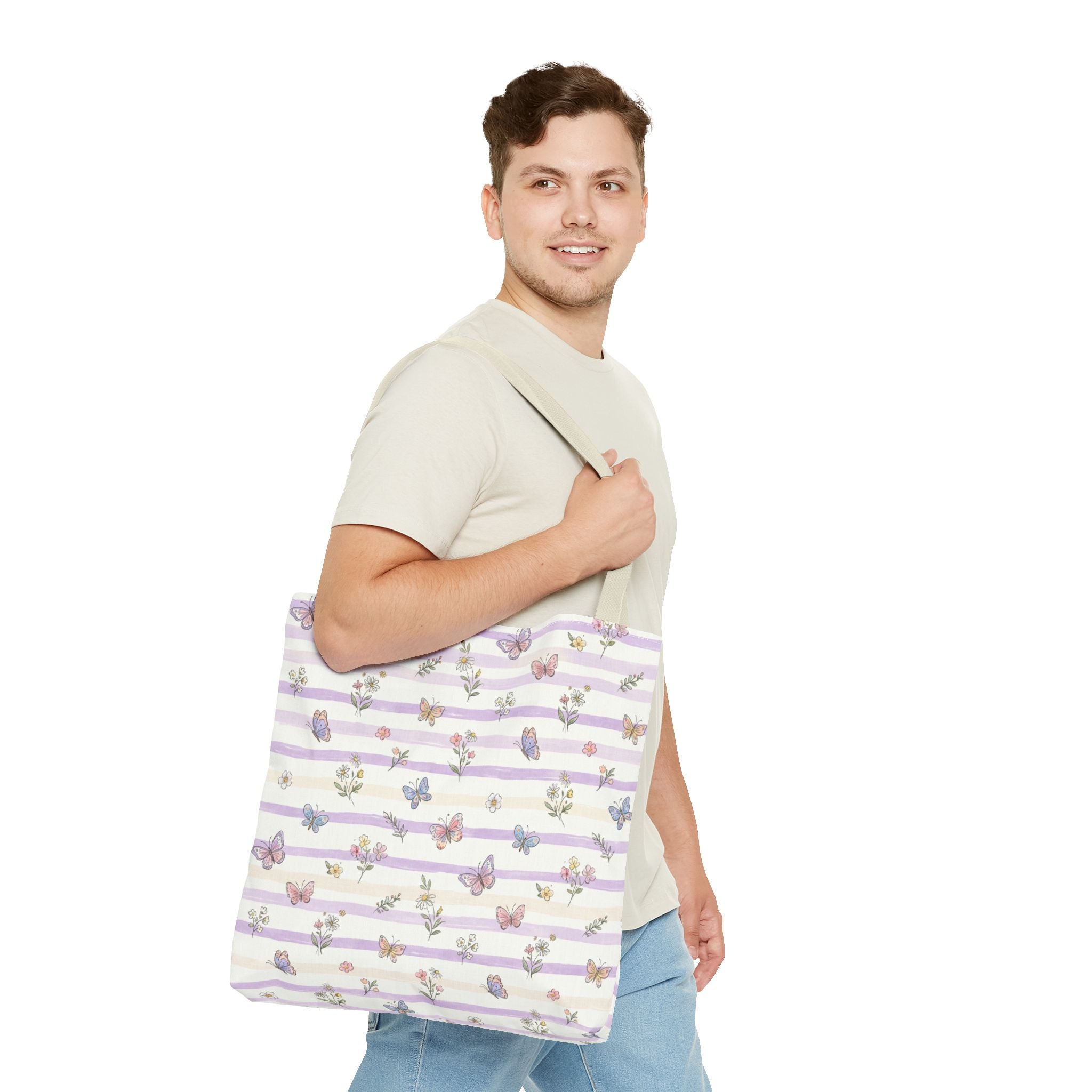 Pastel Butterfly Floral Stripe Tote