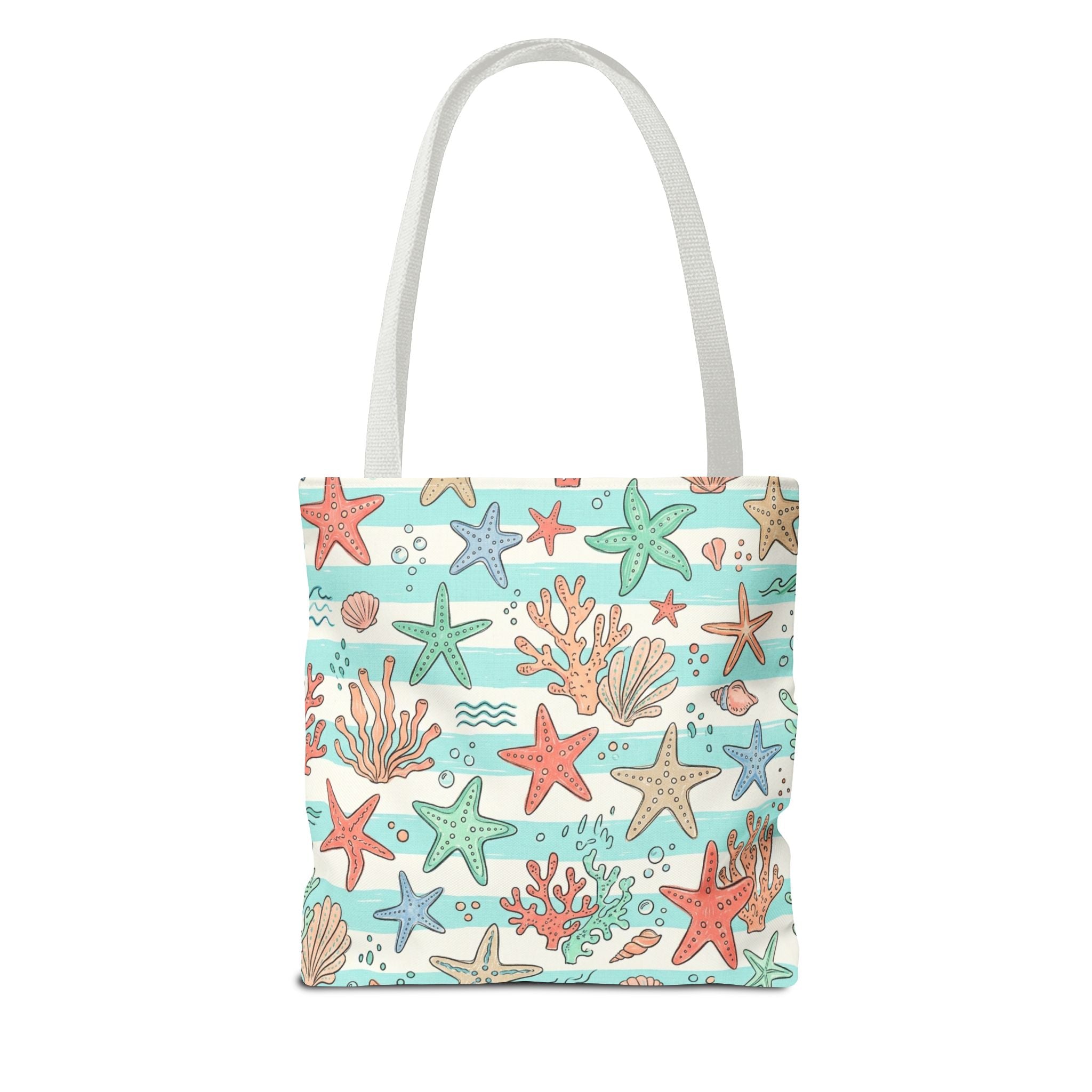 Starfish Coral Pattern Tote Bag | Beach Sea Life Striped Nautical Design