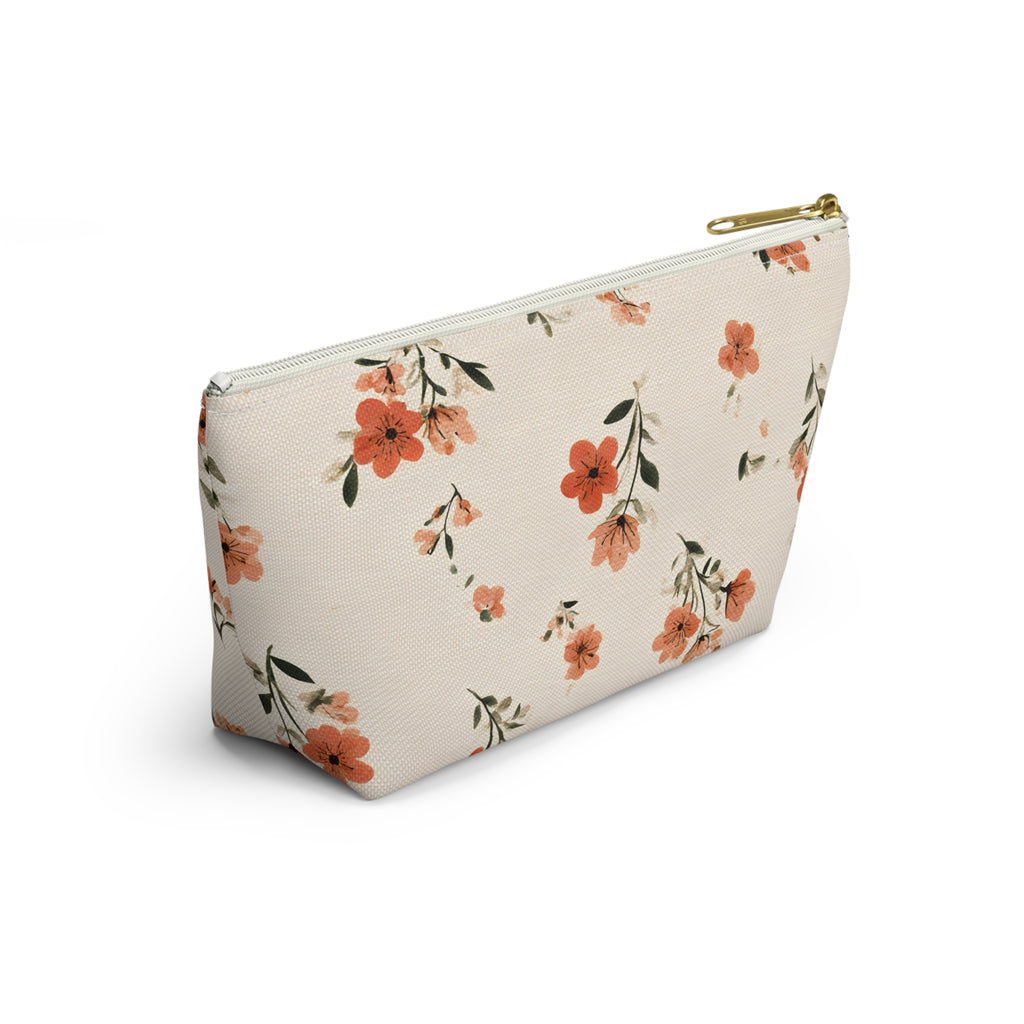 Peach Floral Print Accessory Pouch | T-Bottom Zipper Pouch