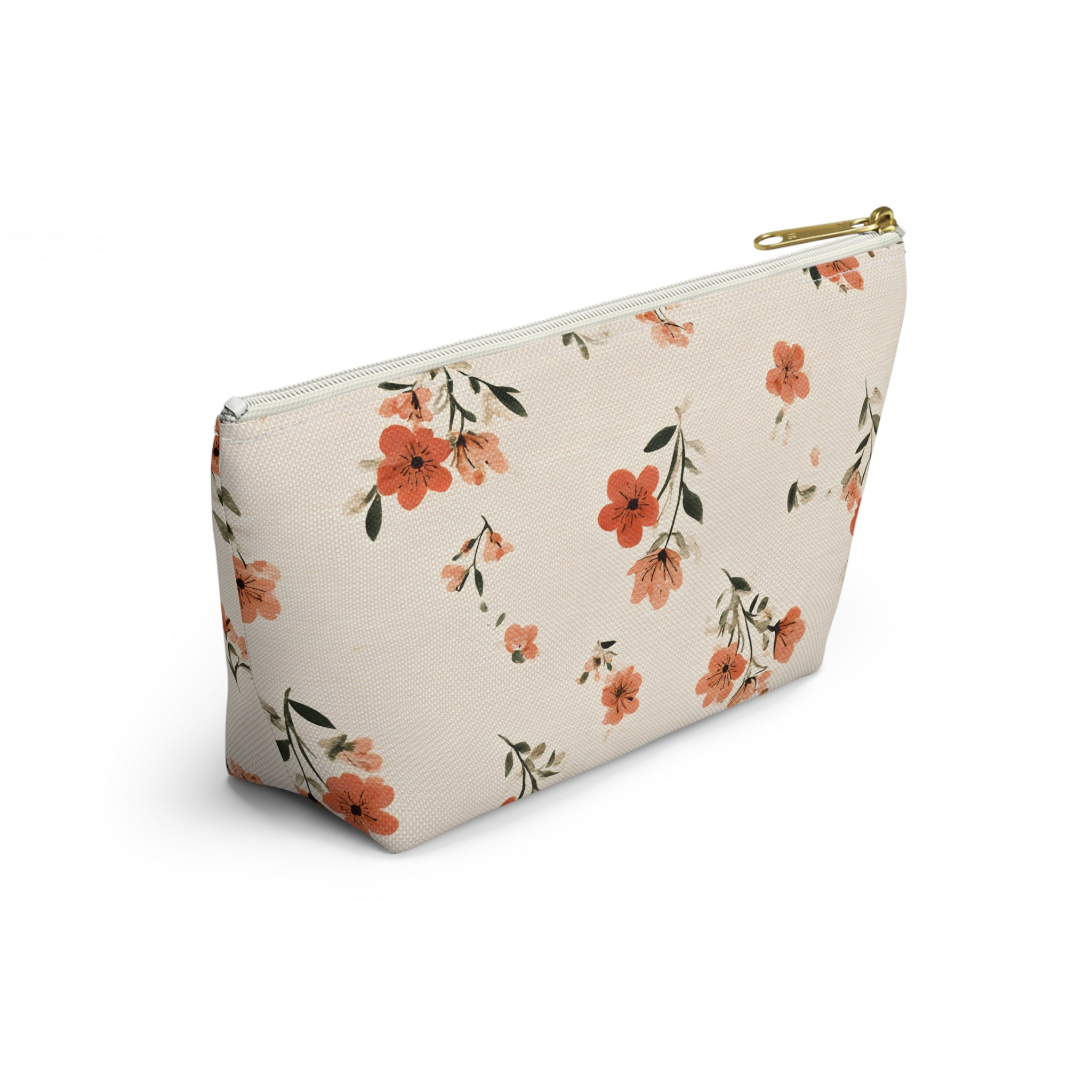 Peach Floral Print Accessory Pouch | T-Bottom Zipper Pouch