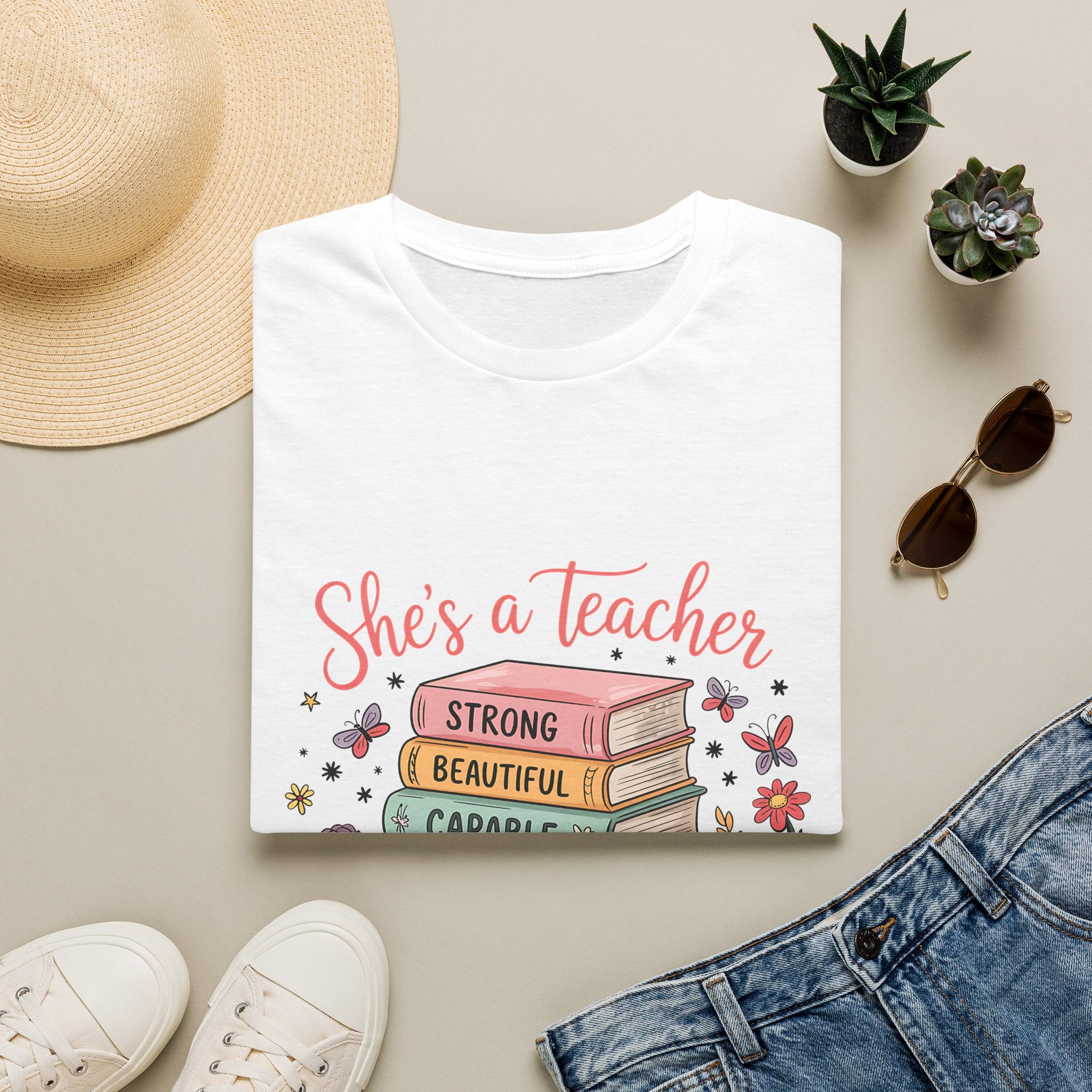 She's a Teacher stack of books floral design T-Shirt | teacher appreciation, inspirational quote