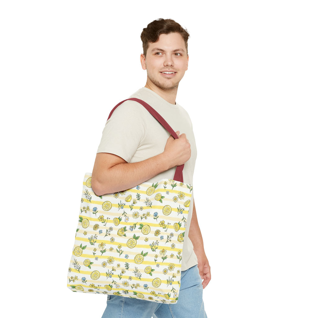 Lemon Stripe Pattern Tote Bag | Citrus Floral All-Over Print