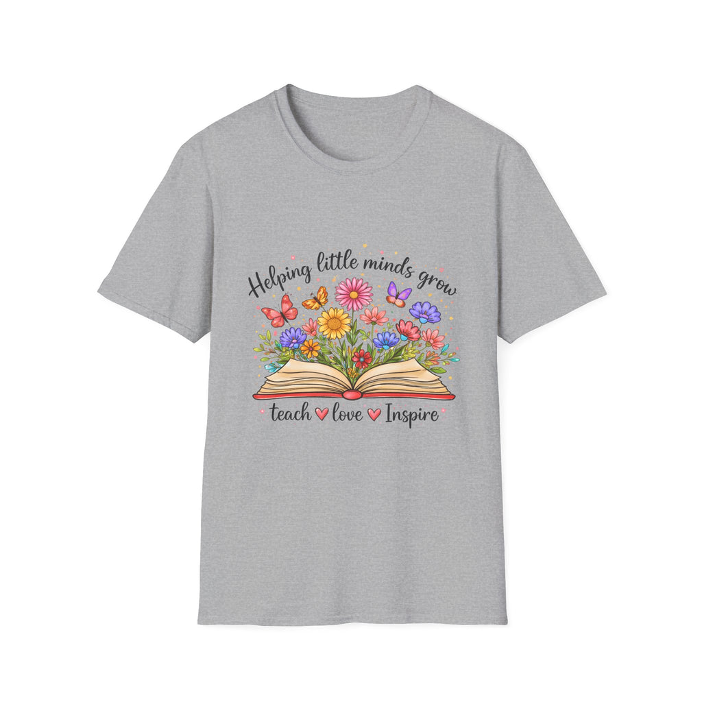 Helping Little Minds Grow T-Shirt | Teach Love Inspire, Floral Open Book Design