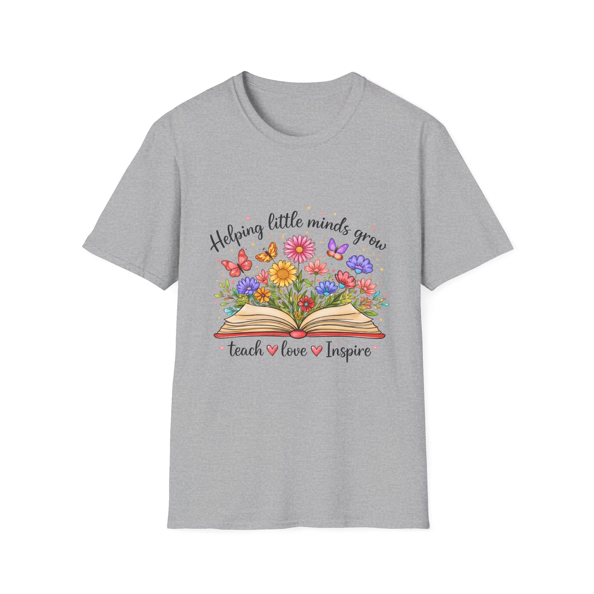 Helping Little Minds Grow T-Shirt | Teach Love Inspire, Floral Open Book Design