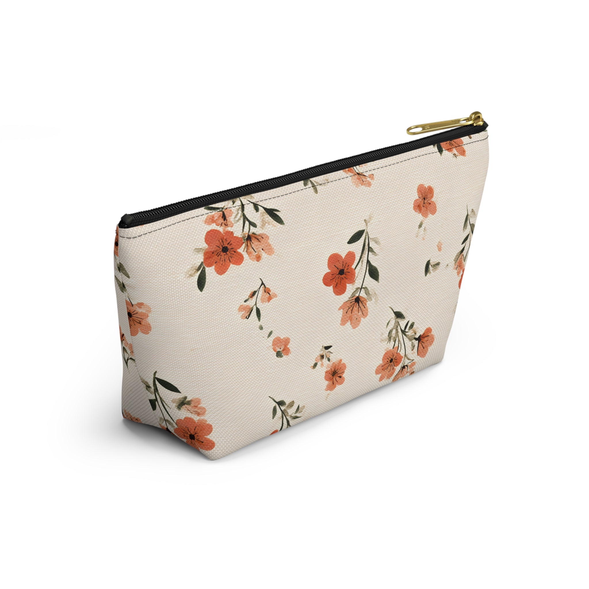 Peach Floral Print Accessory Pouch | T-Bottom Zipper Pouch