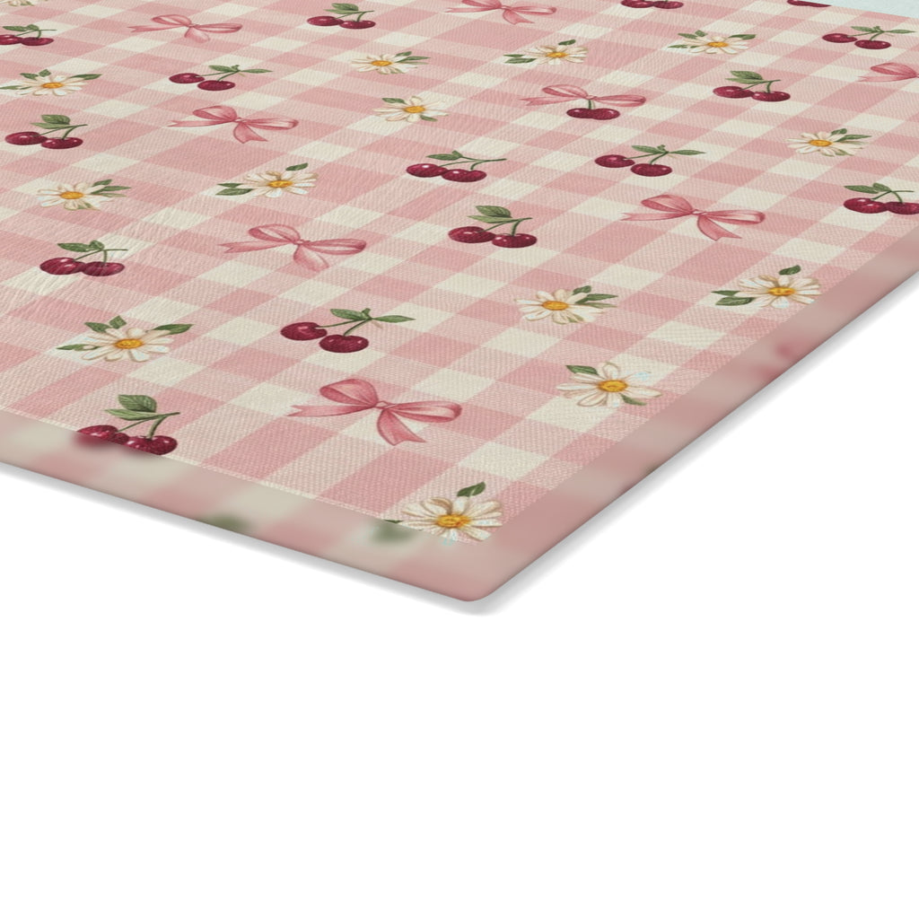 Cherry Bow Plaid Glass Cutting Board | Pink Floral Cherry Pattern