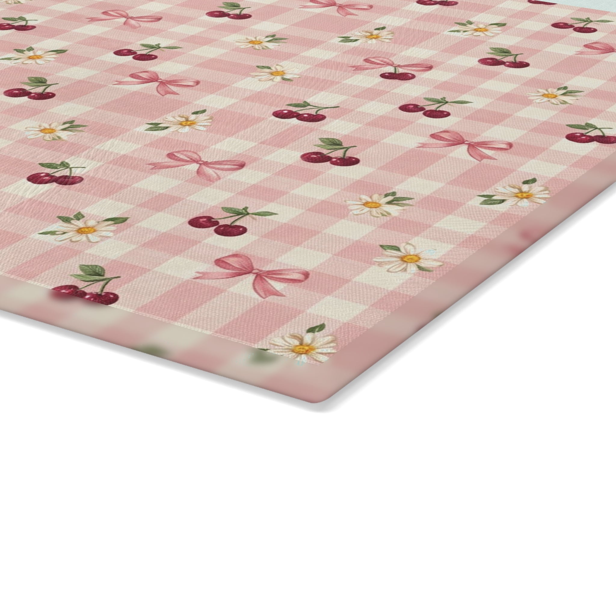 Cherry Bow Plaid Glass Cutting Board | Pink Floral Cherry Pattern
