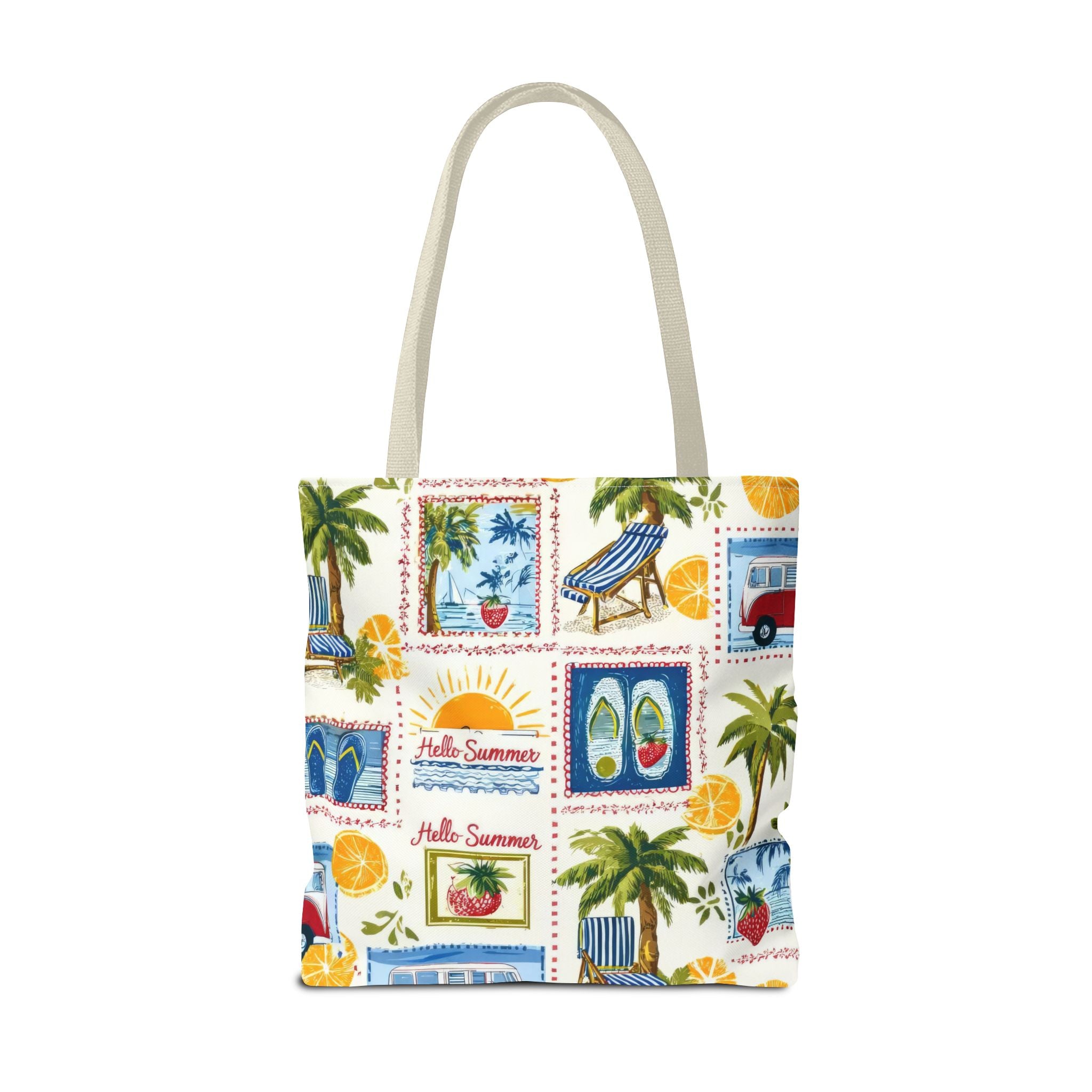 Hello Summer collage Tote Bag | beach palm trees flip flops camper van