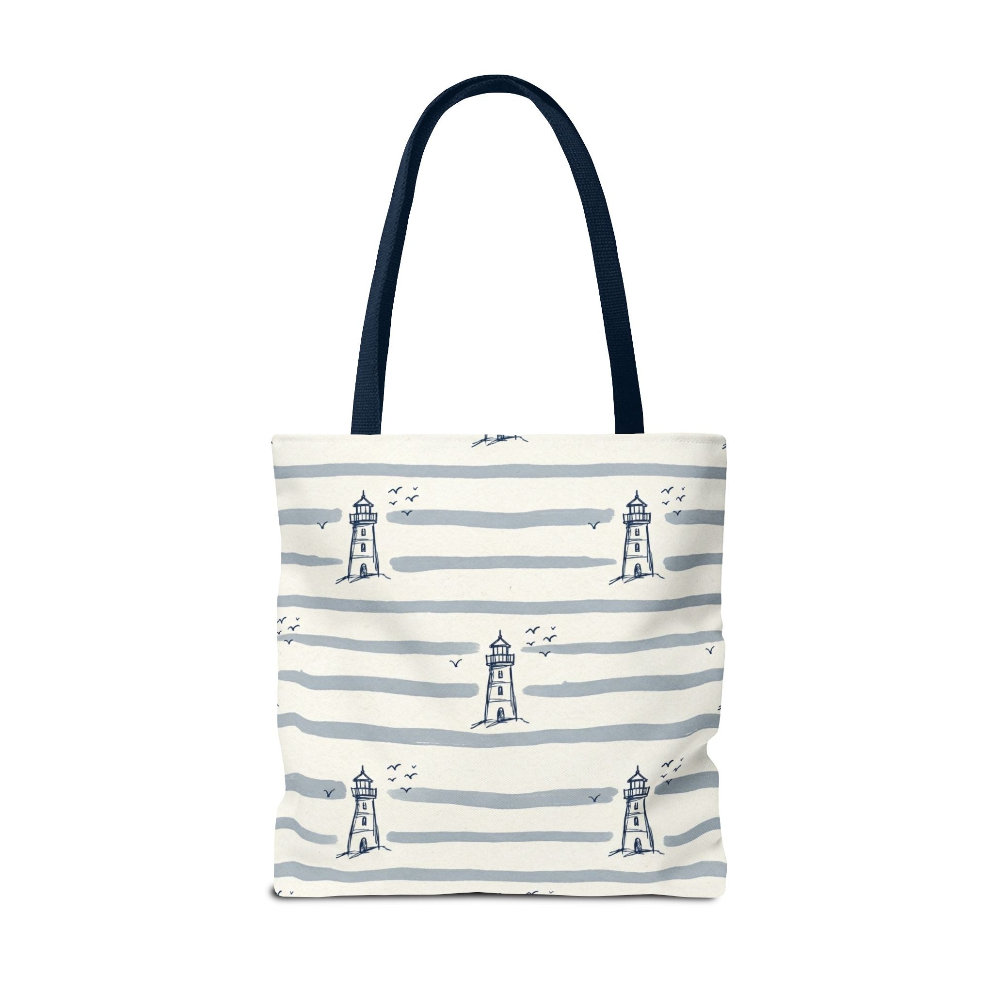 Nautical Lighthouse Pattern Tote Bag | Striped Coastal Beach Tote