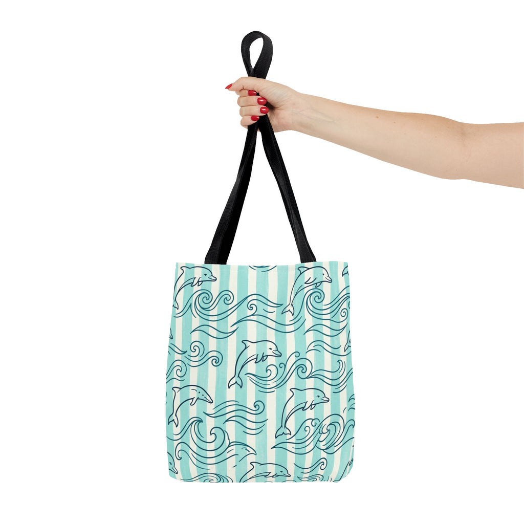 Dolphin Wave Pattern Tote Bag | Aqua Striped Ocean Design