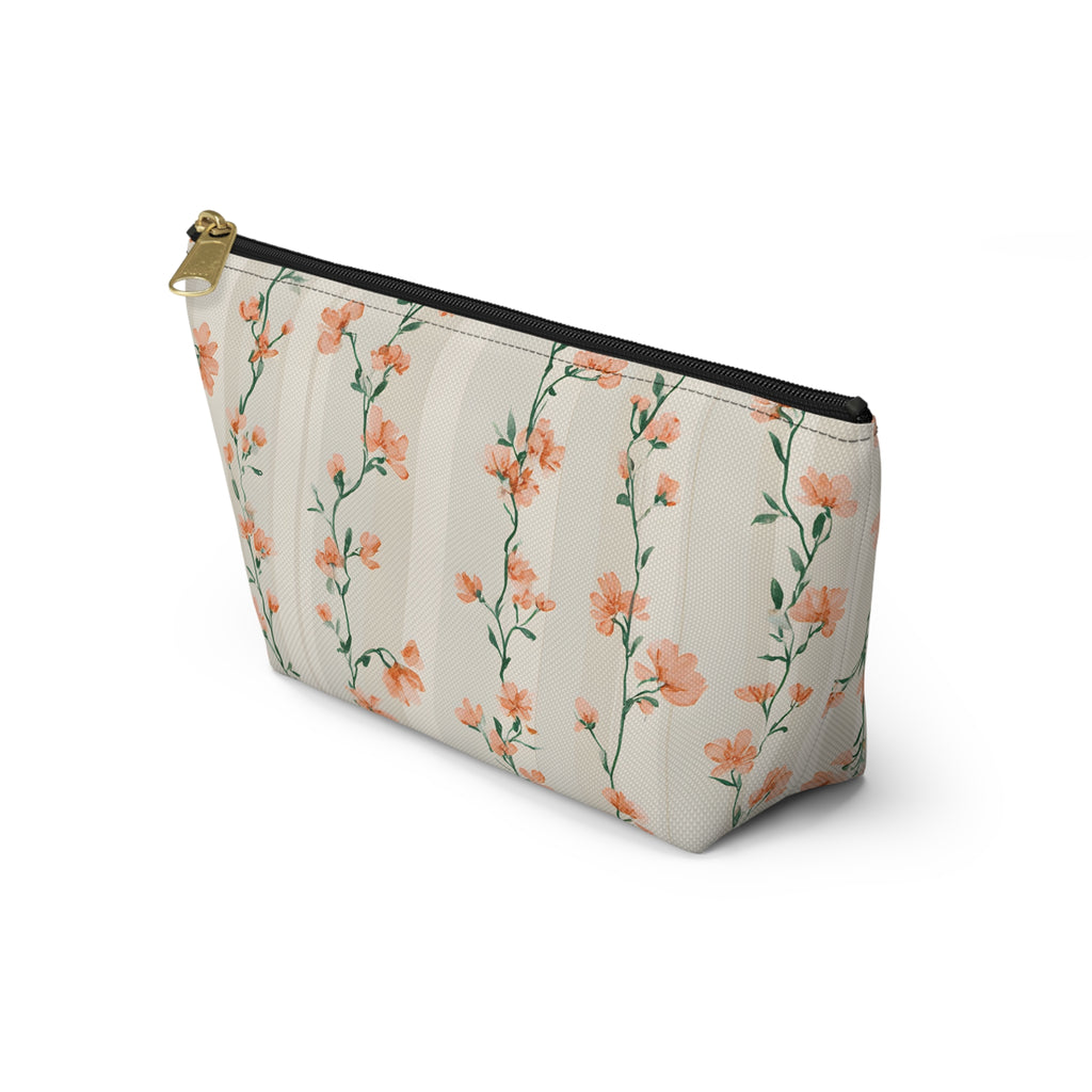 Peach Floral Vines Accessory Pouch | T-Bottom Makeup Bag