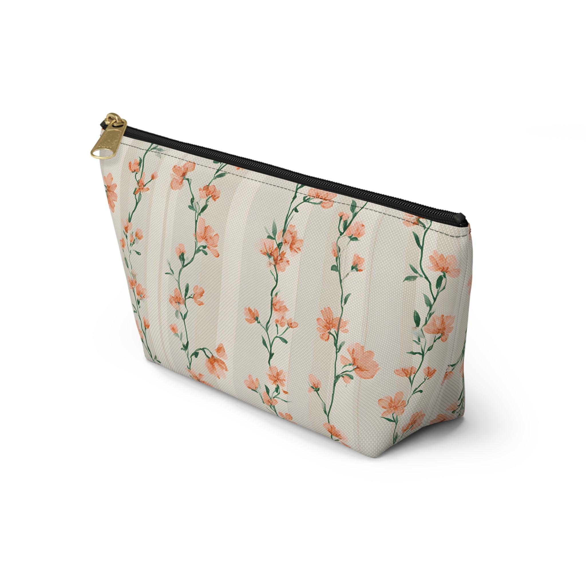 Peach Floral Vines Accessory Pouch | T-Bottom Makeup Bag