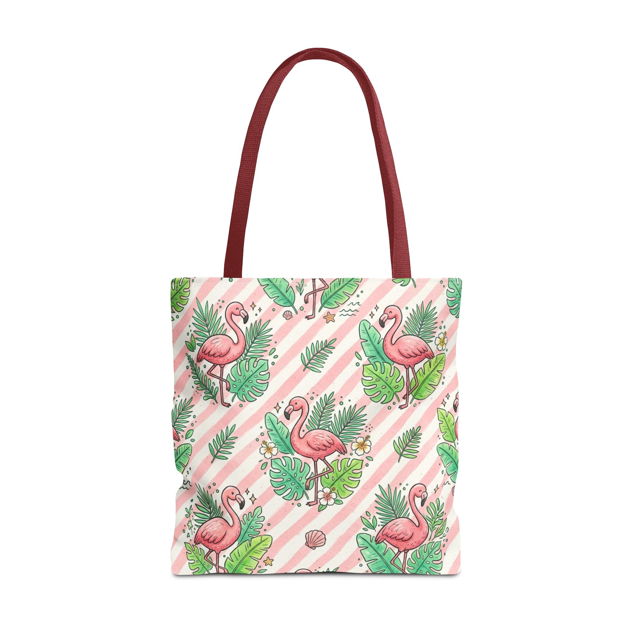 Pink Flamingo Pattern Tote Bag | Tropical Leaves Striped All-Over Print